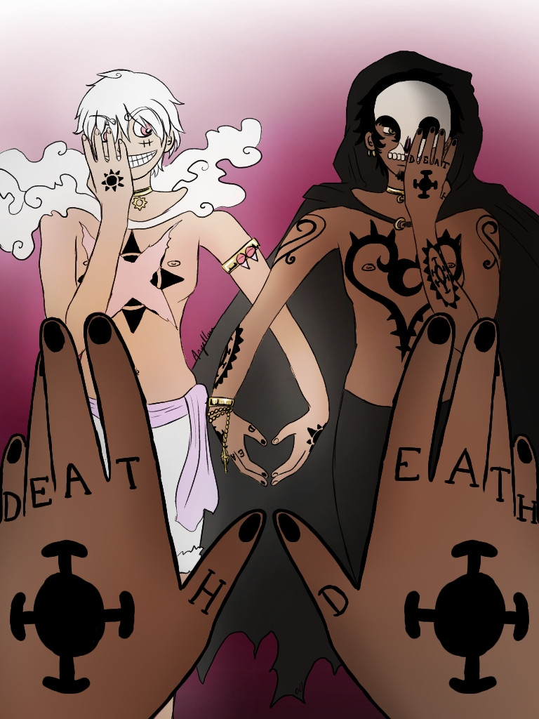 Law's hands are in the foreground, with Luffy in his Nika form and Law in the background. They represent the gods of death and resurrection, the moon and the sun. 