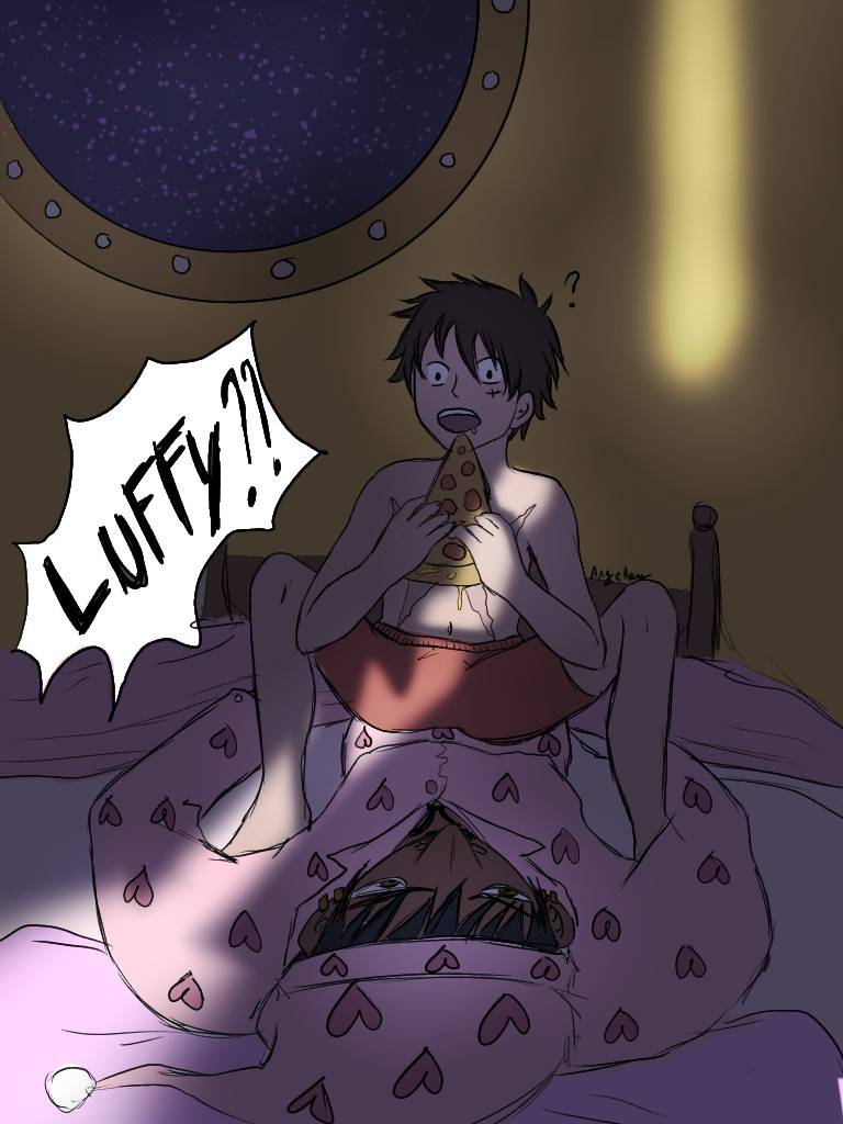 Luffy enjoys a midnight snack of pizza, perched on Law's belly, wearing his heart-patterned pyjamas.