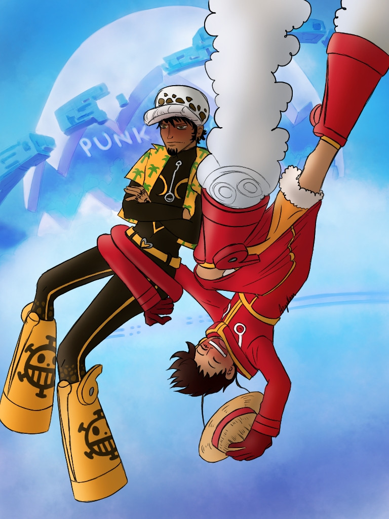 Luffy drags grumpy Law into the air, laughing. They're wearing Egghead outfits and the punkrecord is visible in the background. Law's outfit is a black bodysuit, a yellow Hawaiian shirt with a green palm motif, and yellow egghead boots with his logo on them.