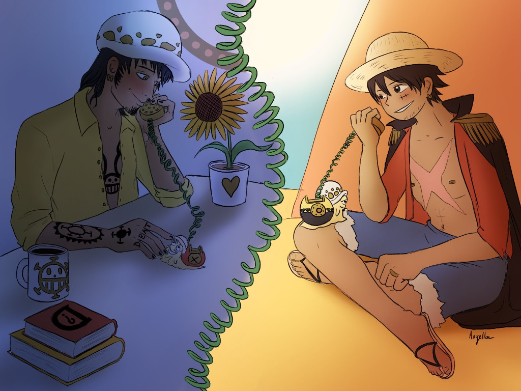 Law and Luffy are talking to each other over the snail phones. They're older and married, each with a wedding ring.  Luffy is on Sunny's head, and it's daytime. Law is in his office in his new submarine, and it's night. On Law's desk is a sunflower given to him by Luffy, a cup of cold coffee with his logo, and some books.