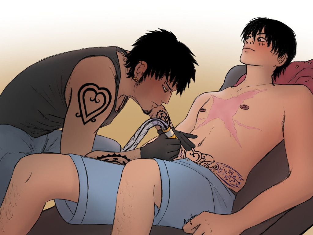 Law the sexy tattoo artist is tattooing trans Luffy's womb, and Luffy is really sensitive around the hips.