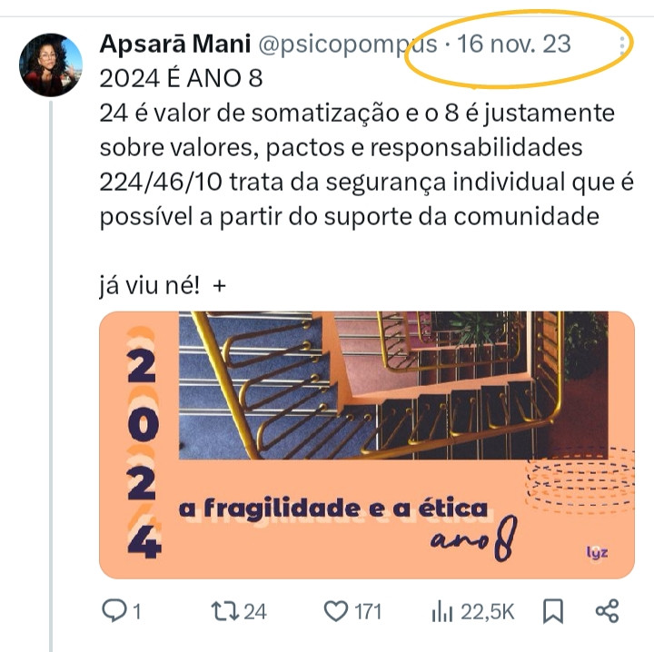 Print tuite de 16/11/2023:

2024 É ANO 8
24 é valor de somatização e o 8 é justamente sobre valores, pactos e responsabilidades
224/46/10 trata da segurança individual que é possível a partir do suporte da comunidade

já viu né!  +