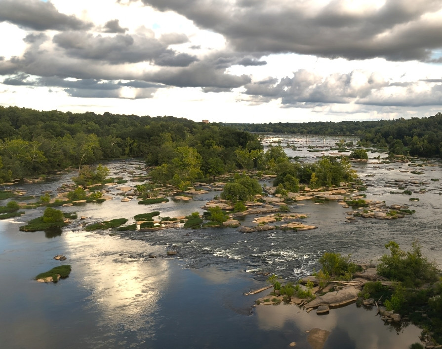 A river with rapids, bushes and trees 
