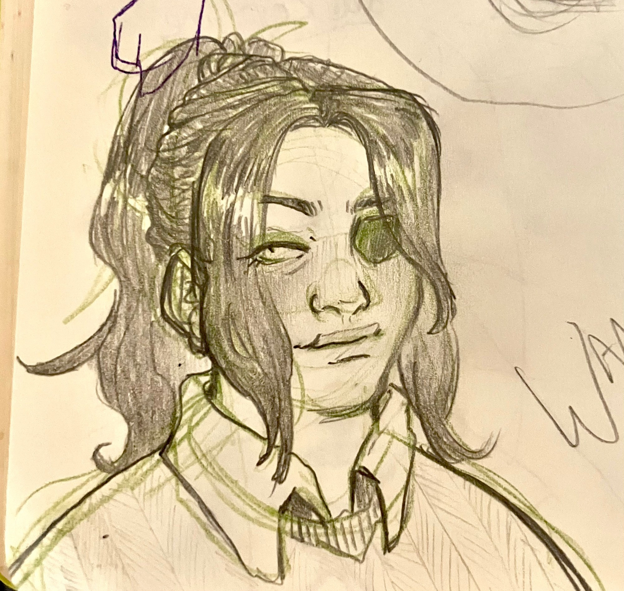 a pencil drawing of a character from the shoulders up. They have their hair in a ponytail and framing bang pieces with an eyepatch over the right eye. 