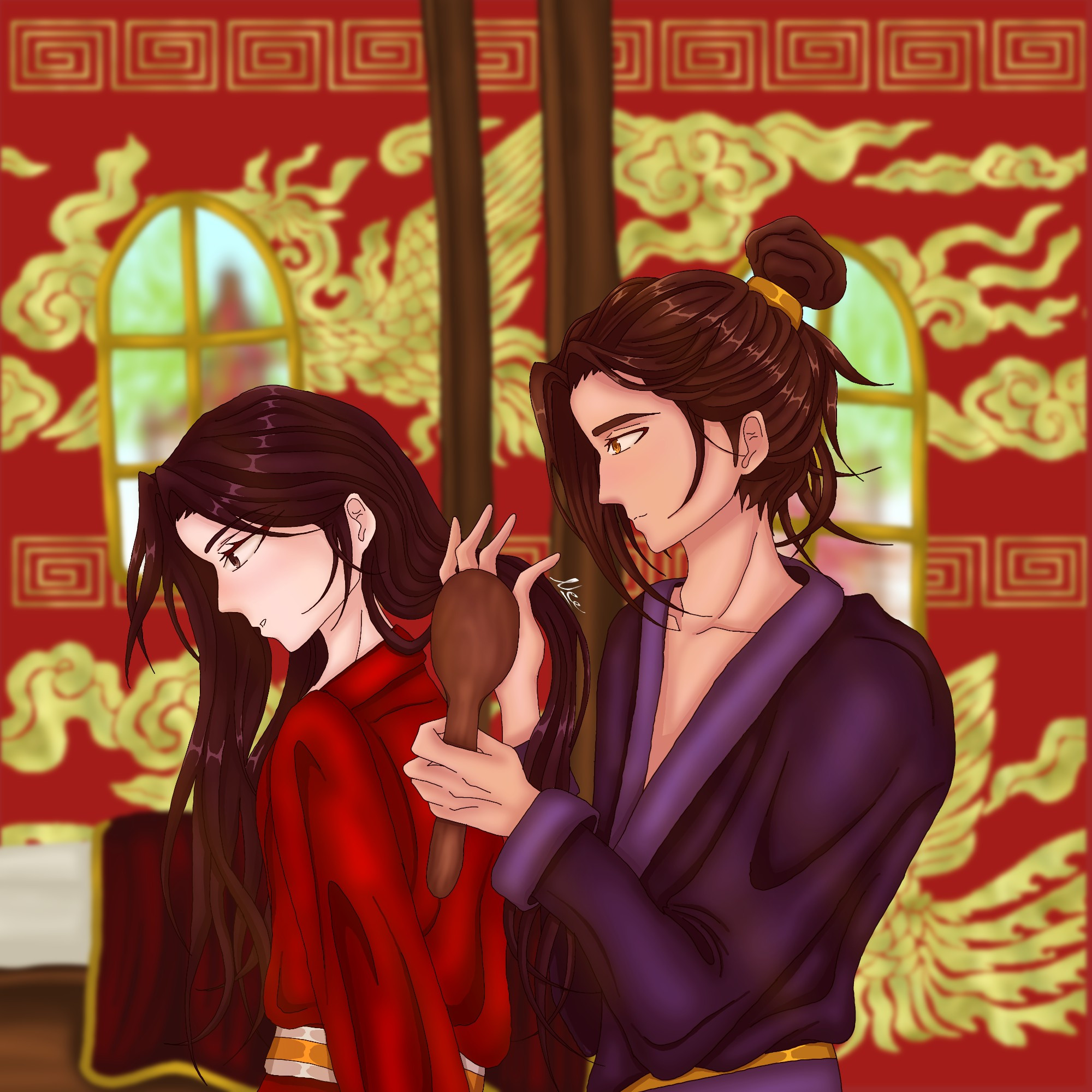 Feng Xin brushing Mu Qing's hair