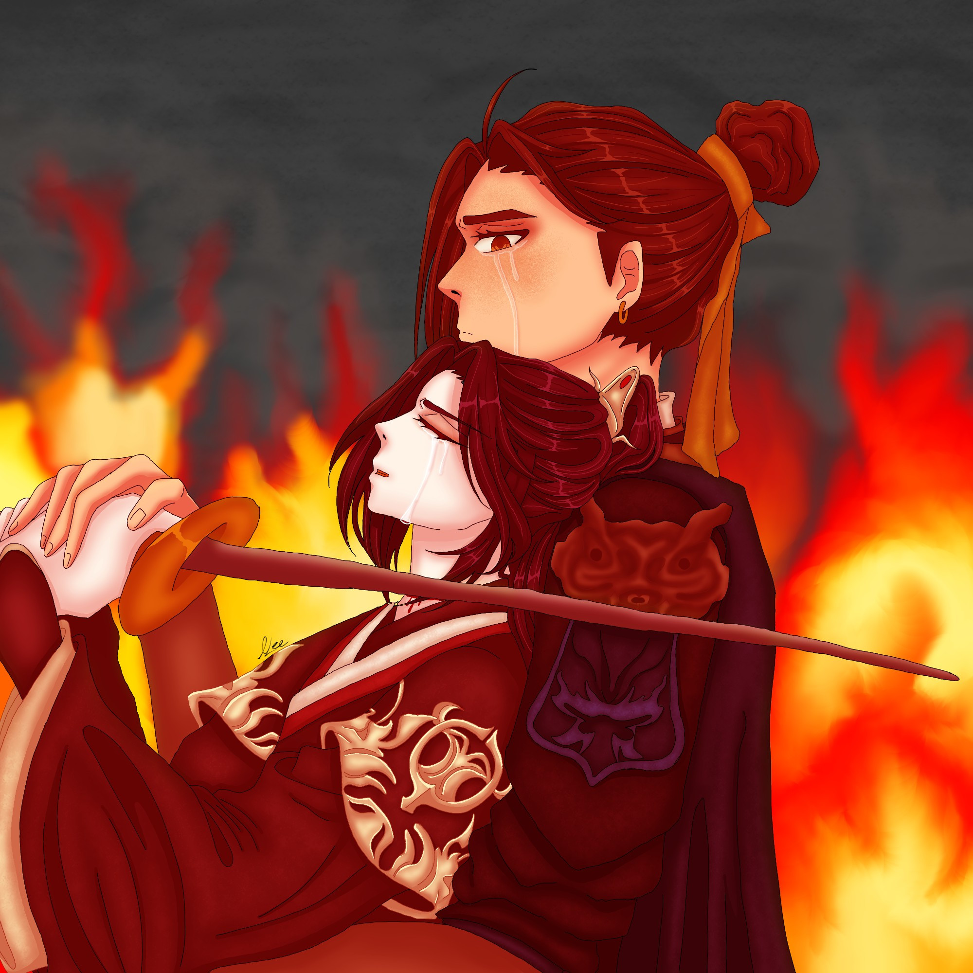 Mu Qing about to slit his throat with his Zhanmadao, but Feng Xin stops him