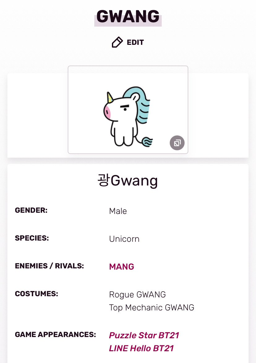 Gwang who is an evil unicorn who represents J-Hope’s anti fans. He looks like he would kill you with his horn