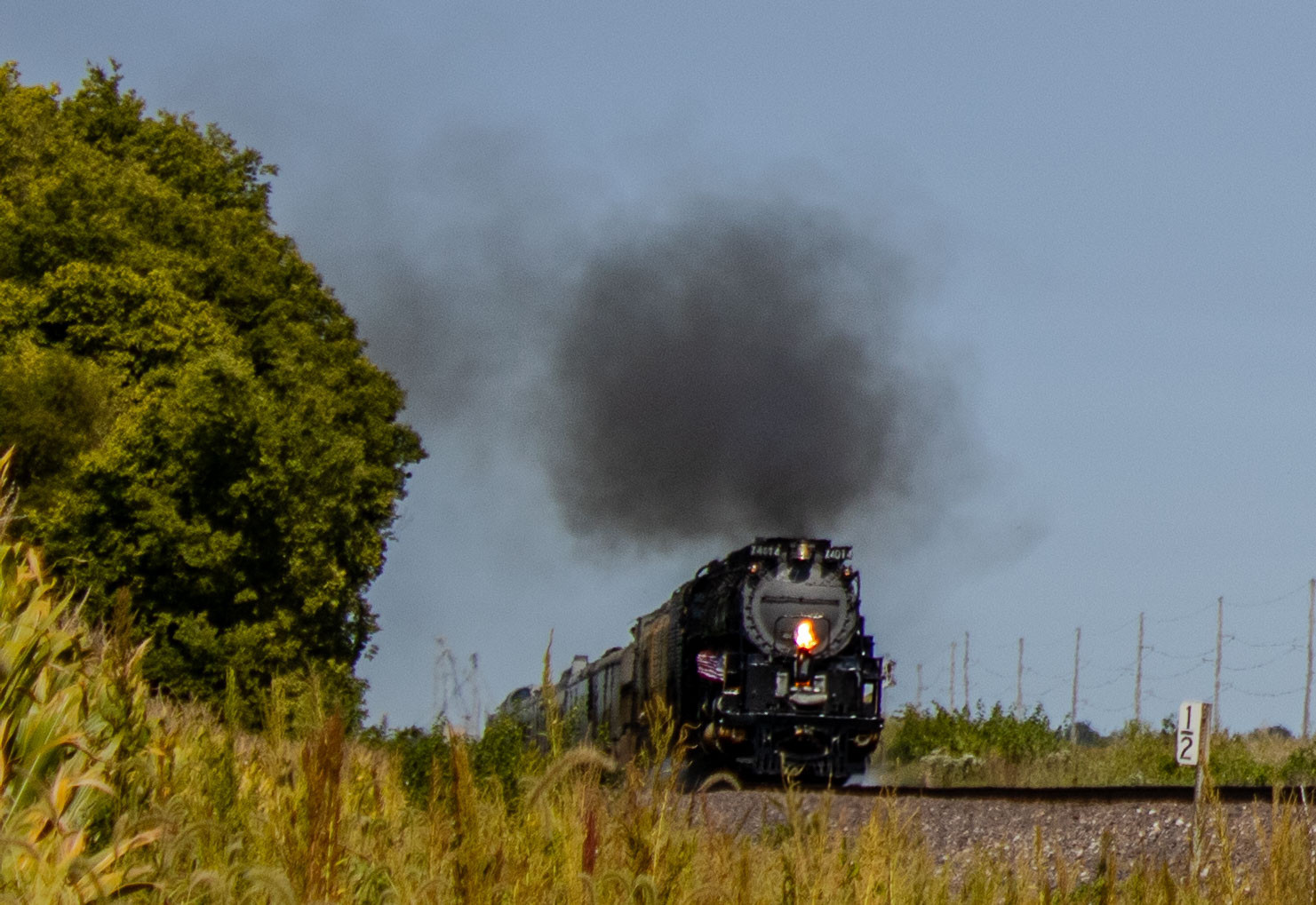 A landscape picture of Union Pacific's Big Boy Steam Locomotive #4014 coming down the tracks.