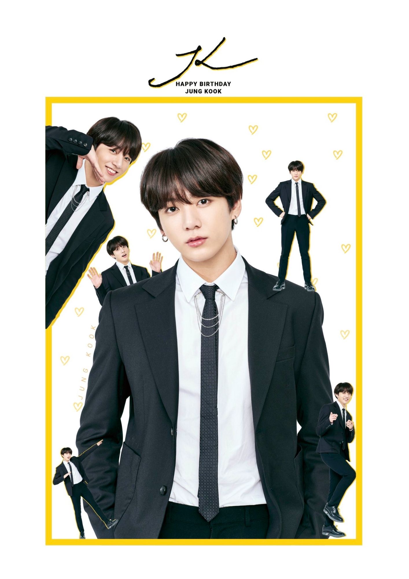 Jungkook of BTS  in his birthday greeting photo post in the year 2018 he's wearing a black suit and tie with white shirt he has dark hair and is very cute and handsome in different poses