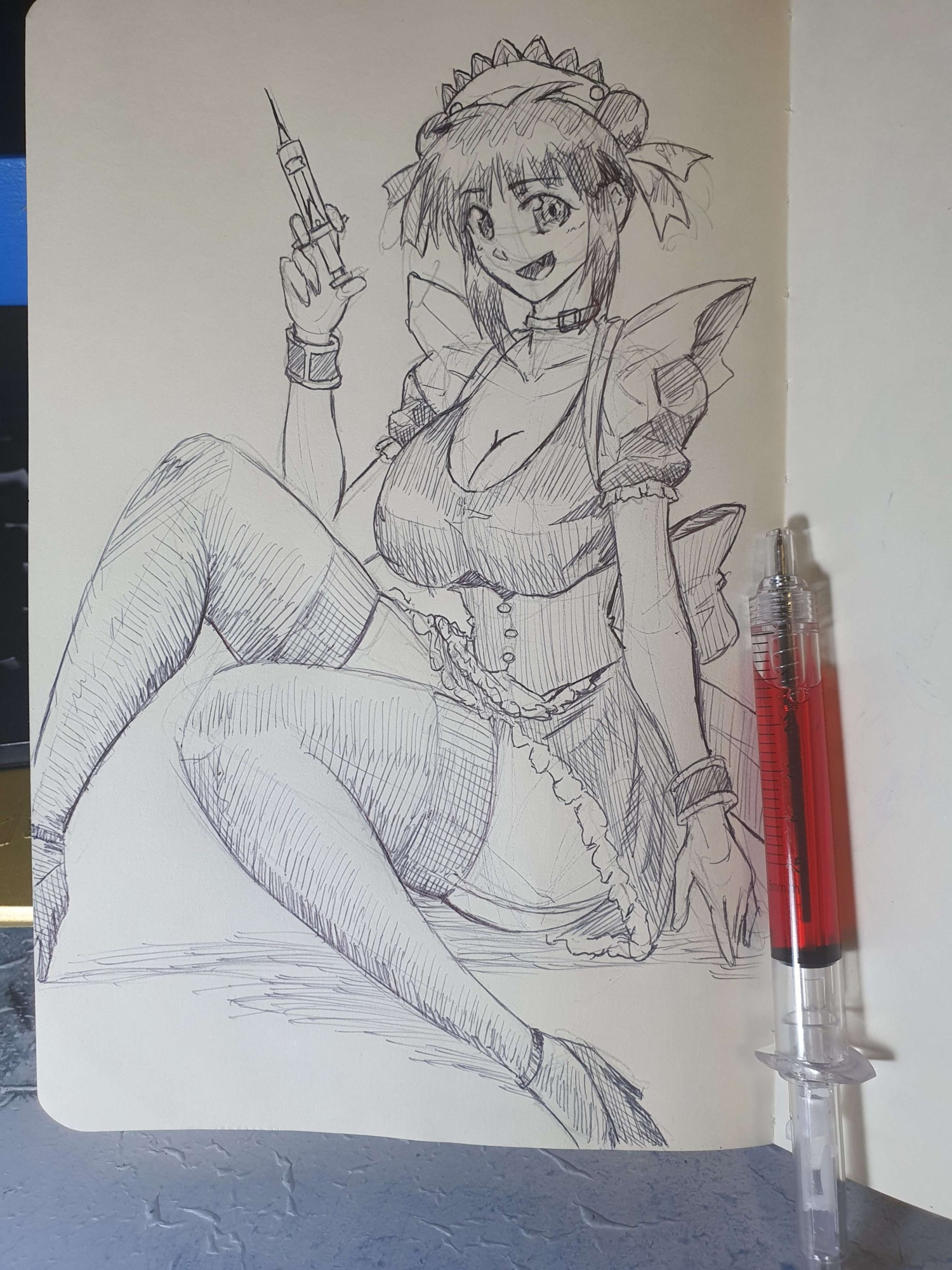 Nurse Nanako drawn with a syringe shaped pen