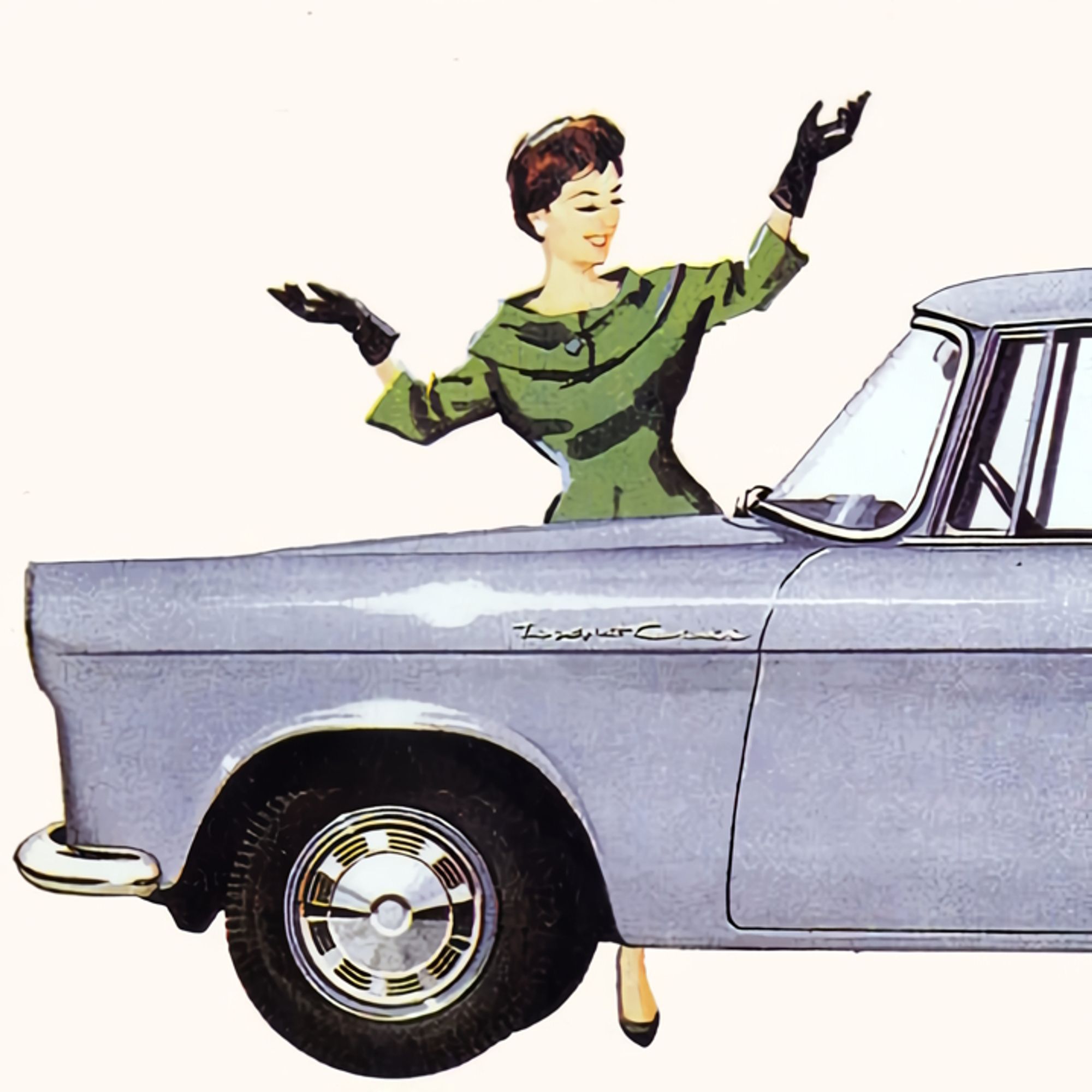 detail from an illustration in an early 1960s brochure, the front of a second generation Toyota Corona seen side-on in a white void, a stylish woman wearing gloves is behind it