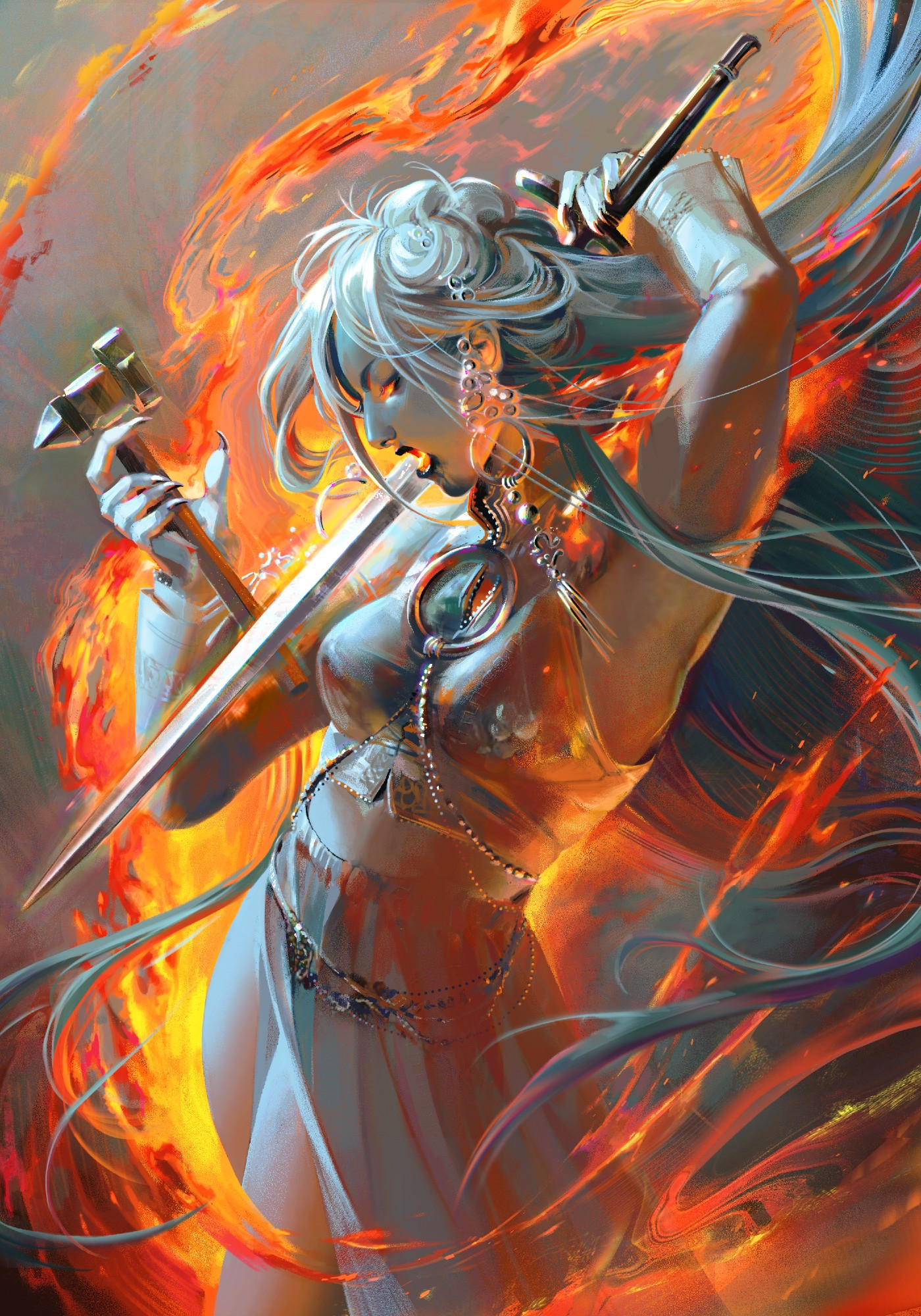 A forge witch stands wreathed in flames, drawing the power of the Forge Mother, the goddess of hearth and forge, into the sword in her hand. She is adornbed with metal jewelry that carries the blessings of her goddess and the forge hammer- the tool of her trade.
Art by Kata Kemi