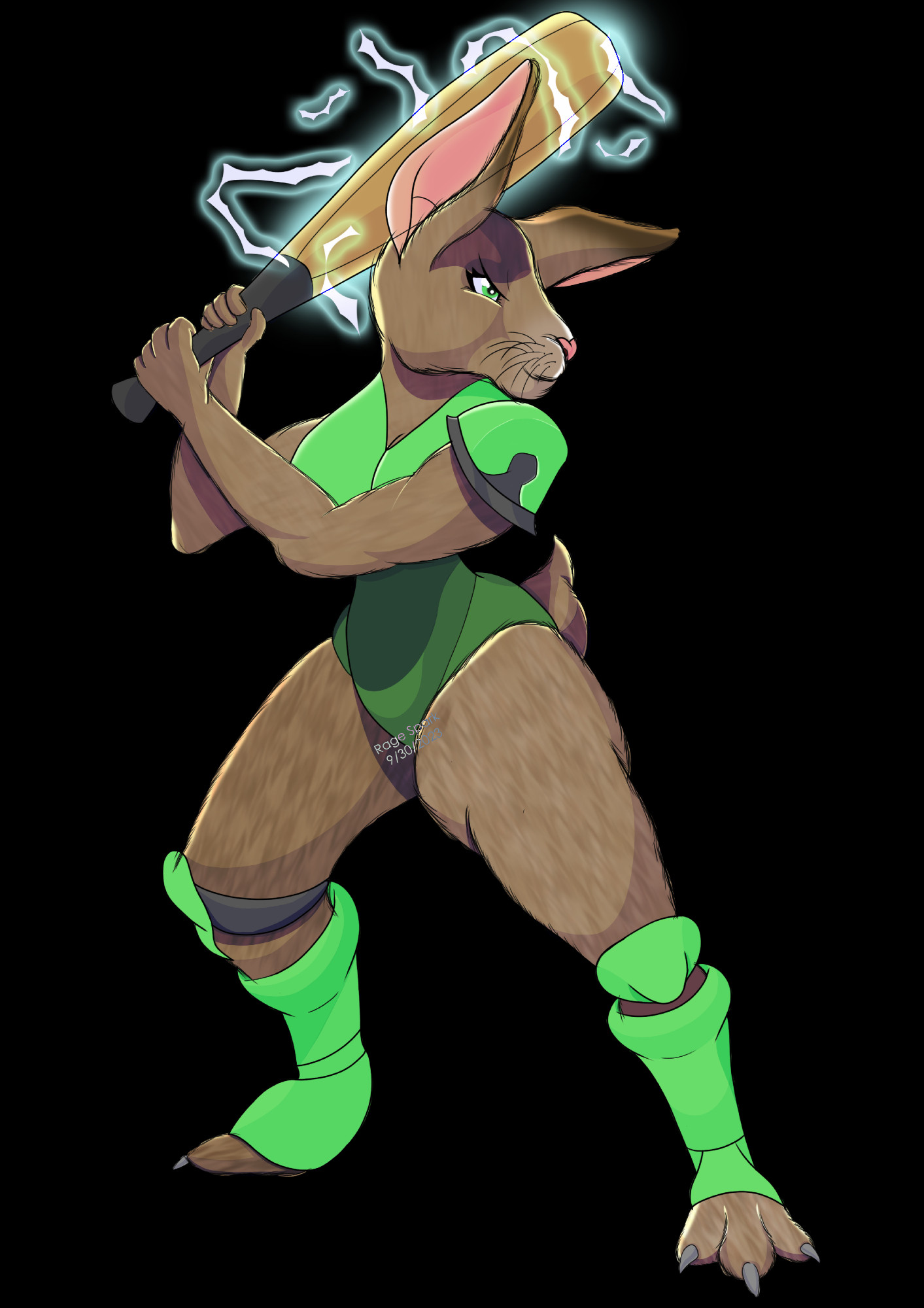 A anthro brown female rabbit holding a electric wooden bat, ready to bonk something