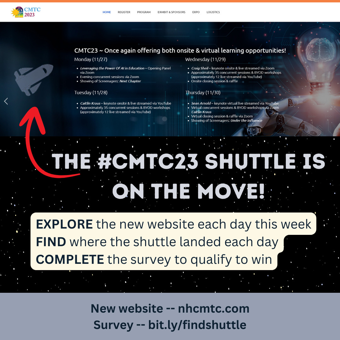 Explore the NEW #CMTC23 reinvented website, look for the space shuttle traveling to a different page EACH DAY THIS WEEK. Find the space shuttle, do the survey to qualify for a chance to win 1 of four (4) $25 Amazon gift cards.