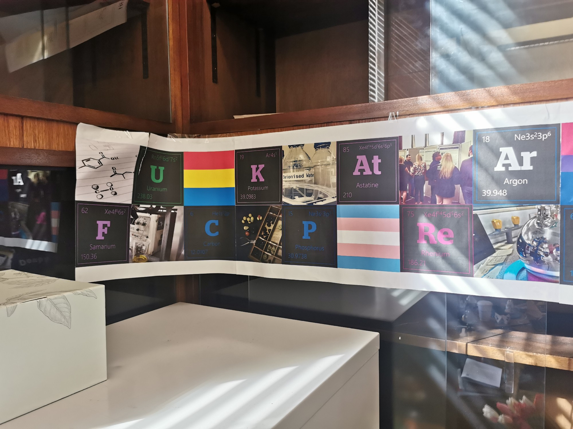 A banner of alternating periodic table elements, photos and pride flags. Here we have, Fluorine, Uranium, Carbon, Potassium, then Astatine, Rhenium, Argon... Next image.