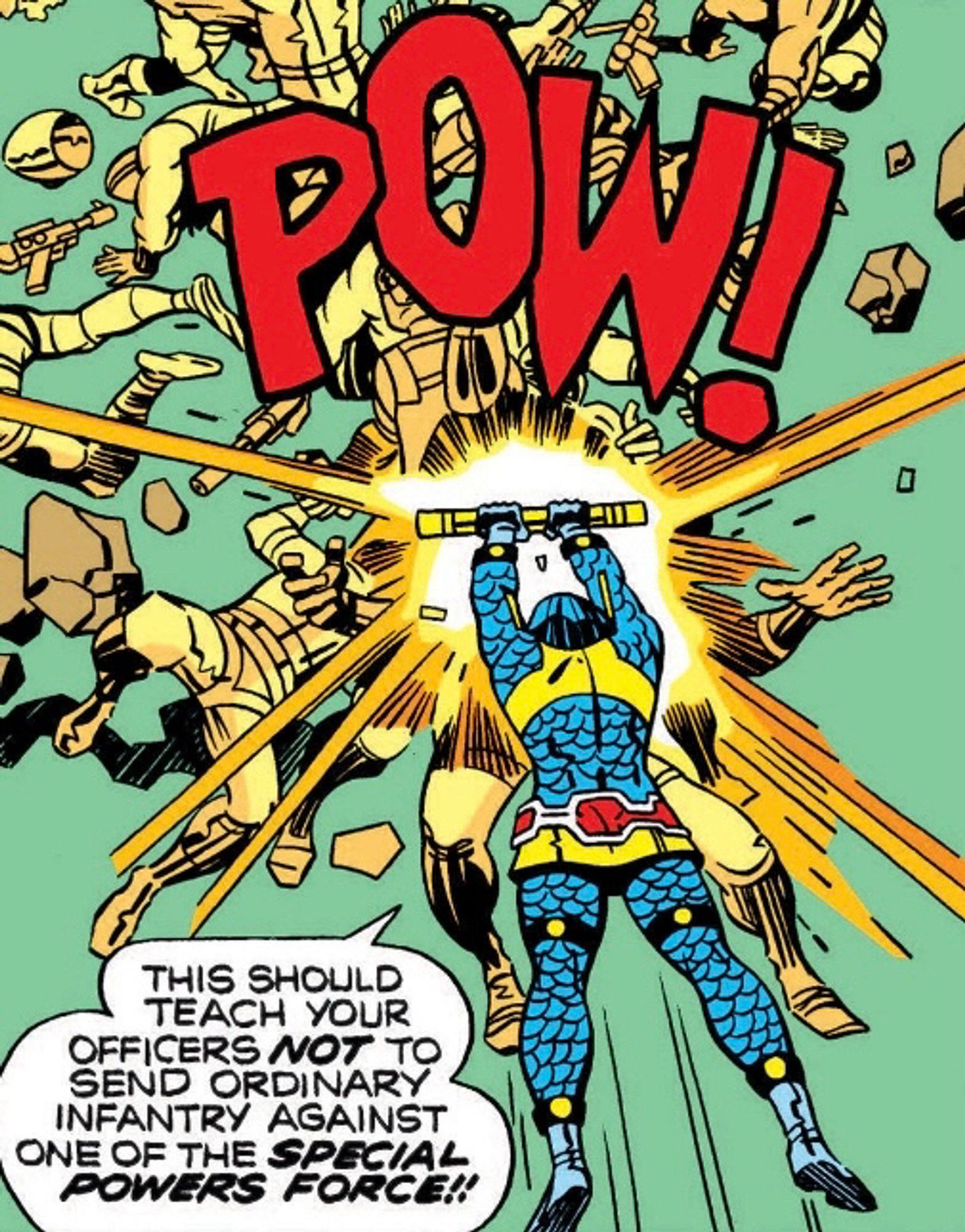 Panel from Mister Miracle #5 by Jack Kirby. Barda leaps at the Apokolipian soldiers, literally bowling them over.