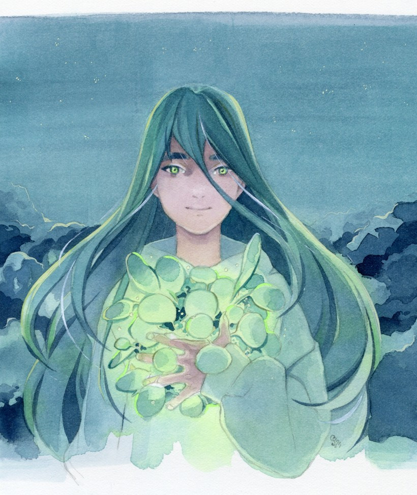 Watercolour of a long haired person standing in front of a field of clouds with a bouqet of green, illuminated leaves in front of their chest.