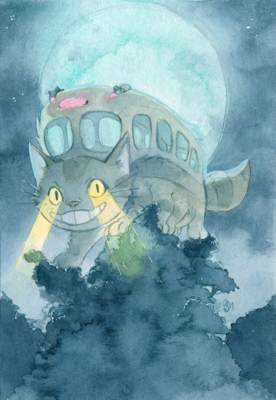 
A watercolour night scene painting of the cat bus from ghiblis totoro. A big cat on multiple legs, whose upper body part looks like a bus, standing on a tree top, the eyes like headlights. Behind it the bright full moon.