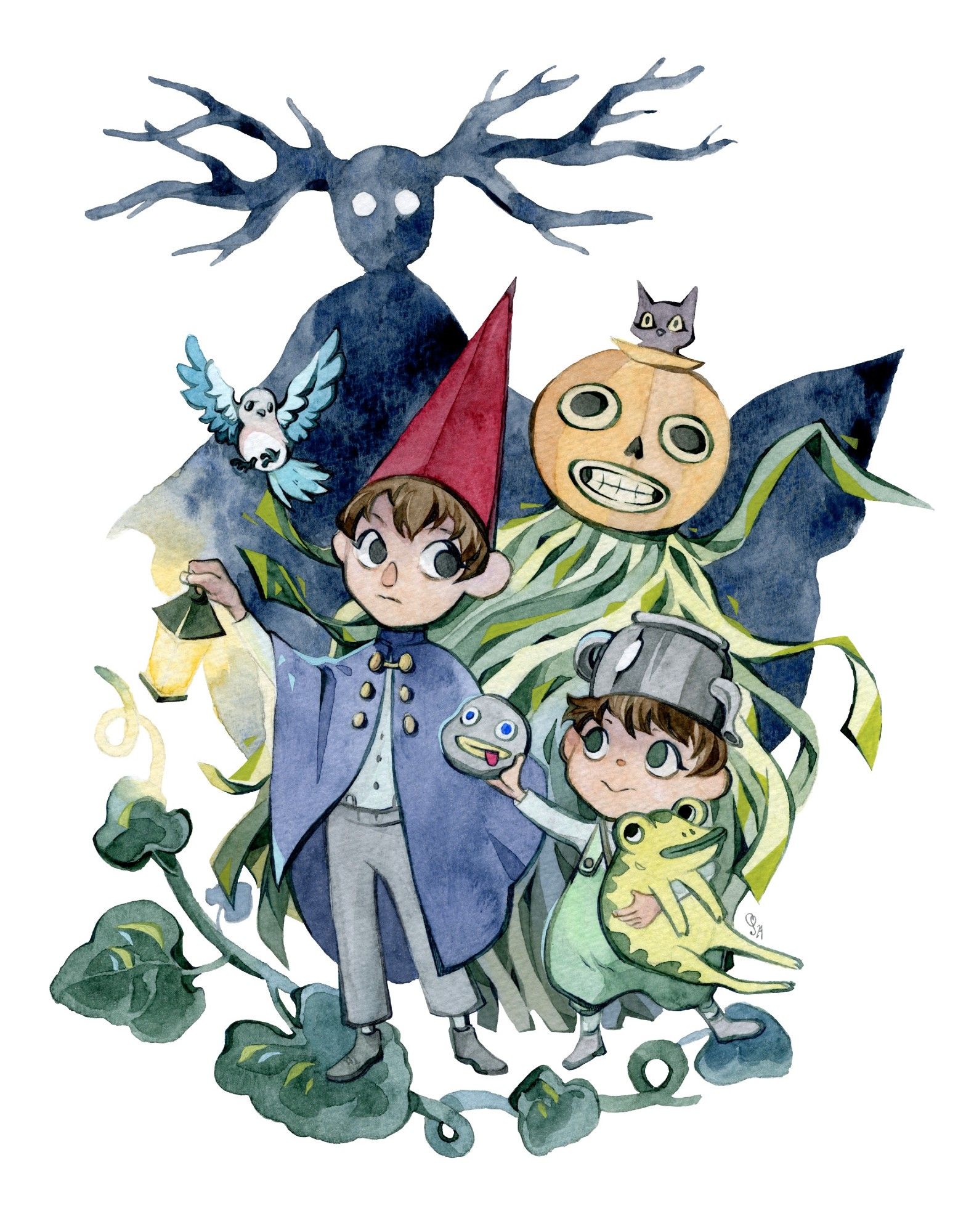 A handpainted watercolor Fanart of the animates series "Over the garden wall" In the foreground, there's Wirt, a young boy with brown hair, wearing a dark blue mage's cape and a red hennin like hat. He's holding a lantern, a slightly stressed look on his face. Next to him is Greg, a smaller brown haired boy wearing a reversed teapot for a hat and a light green bib. With one hand, he's holding a rock with a painted face in Wirt's direction, smiling, and in the other hand he's holding a huge dark and light green frog, who's wearing a smile too. Next to Wirt we can see a little blue and pinkish bird fluttering, looking over sceptical to the boys. Looming behind them is a scary looking pumpkin ghost bearing his teeth. From the top of his head, a black cat peeks out. His body are light and dark green ribbons, floating behind Wirt and Greg. In the background we can see the silhouette of the beast, a figure with antler-like branches on their head, painted in dark, blotchy watercolours.