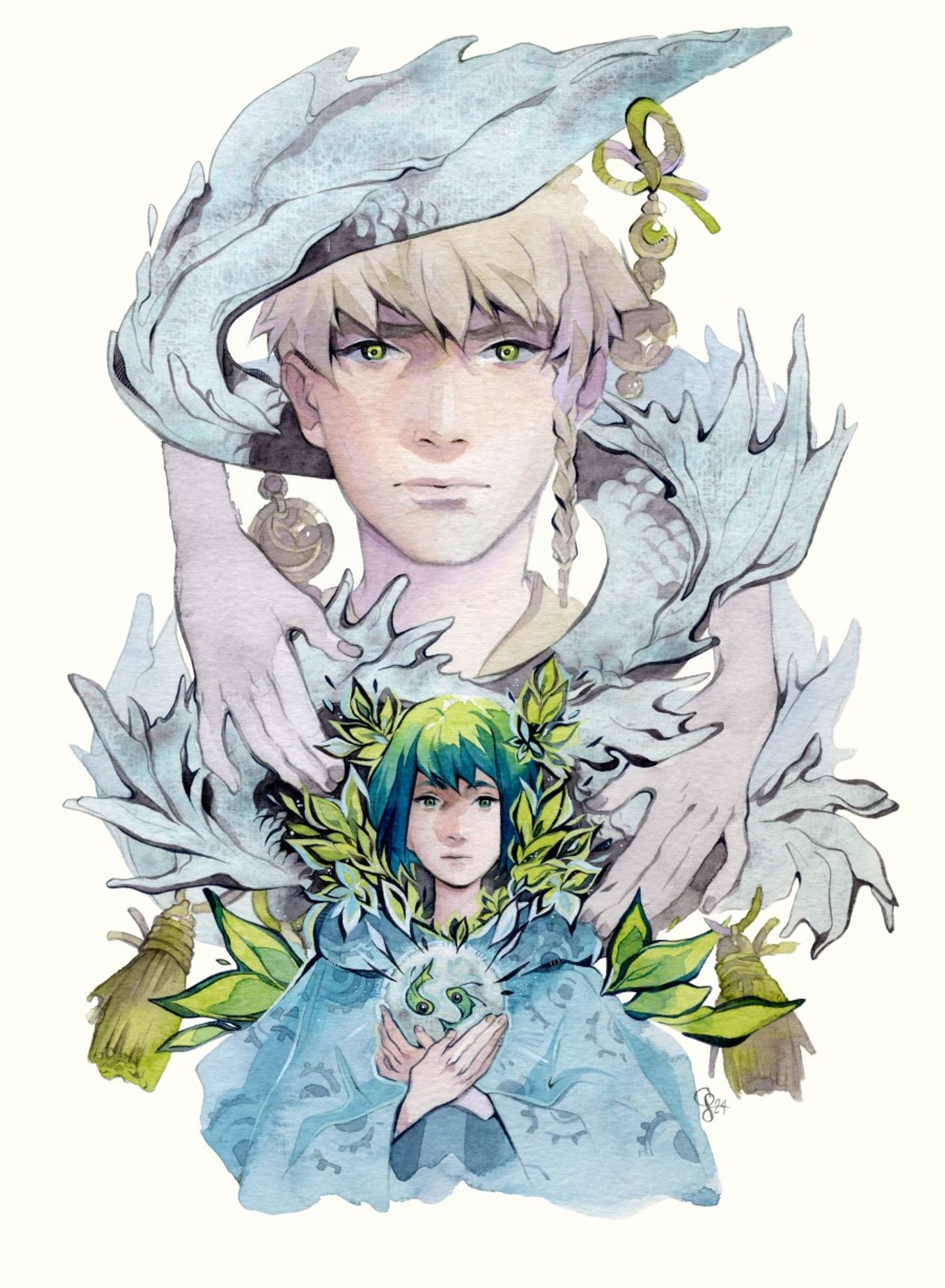 A watercolour artwork. In the foreground is a bust illustration of a person with vibrant green-blueish hair, wearing a blue cape of some sort. Their hands are crossed in front of their chest, protectively holding a kind of magic sphere, in which two creatures, resembling fish, are swimming. Next to the head and shoulders of the person in foreground are fresh green leaves in various sizes, partly coming out of their hood. In the background is a much bigger portrait in softer colours of a young man with a serious look on his face. His eyes are green, his hair in a soft sand colour, with a braid on the left side of his face. Surrounding them both is a pair of big, greyish coloured hands and a structure that partly coils around the man in the back. It looks a lot like the body of a snake, with scales and fins that resemble organic structure. In the bottom part of the artwork, two huge olive coloured tassels frame the person in the foreground.