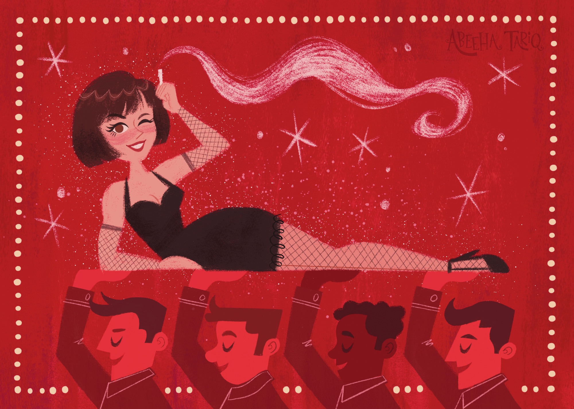 Illustration of Velma Kelly from Chicago on a red background. She’s lying on her side in a black dress and fishnet tights. She holds a cigarette in one raised arm and smoke drifts out from it. She’s being held up by 4 men below her 