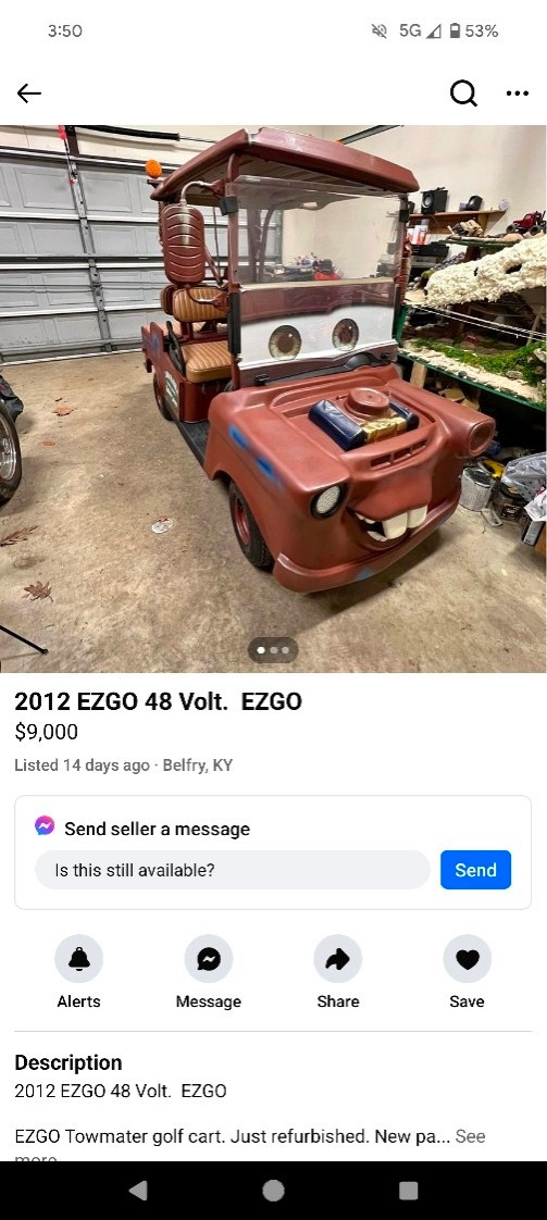 A golf cart that looks like Tow Mater from Cars