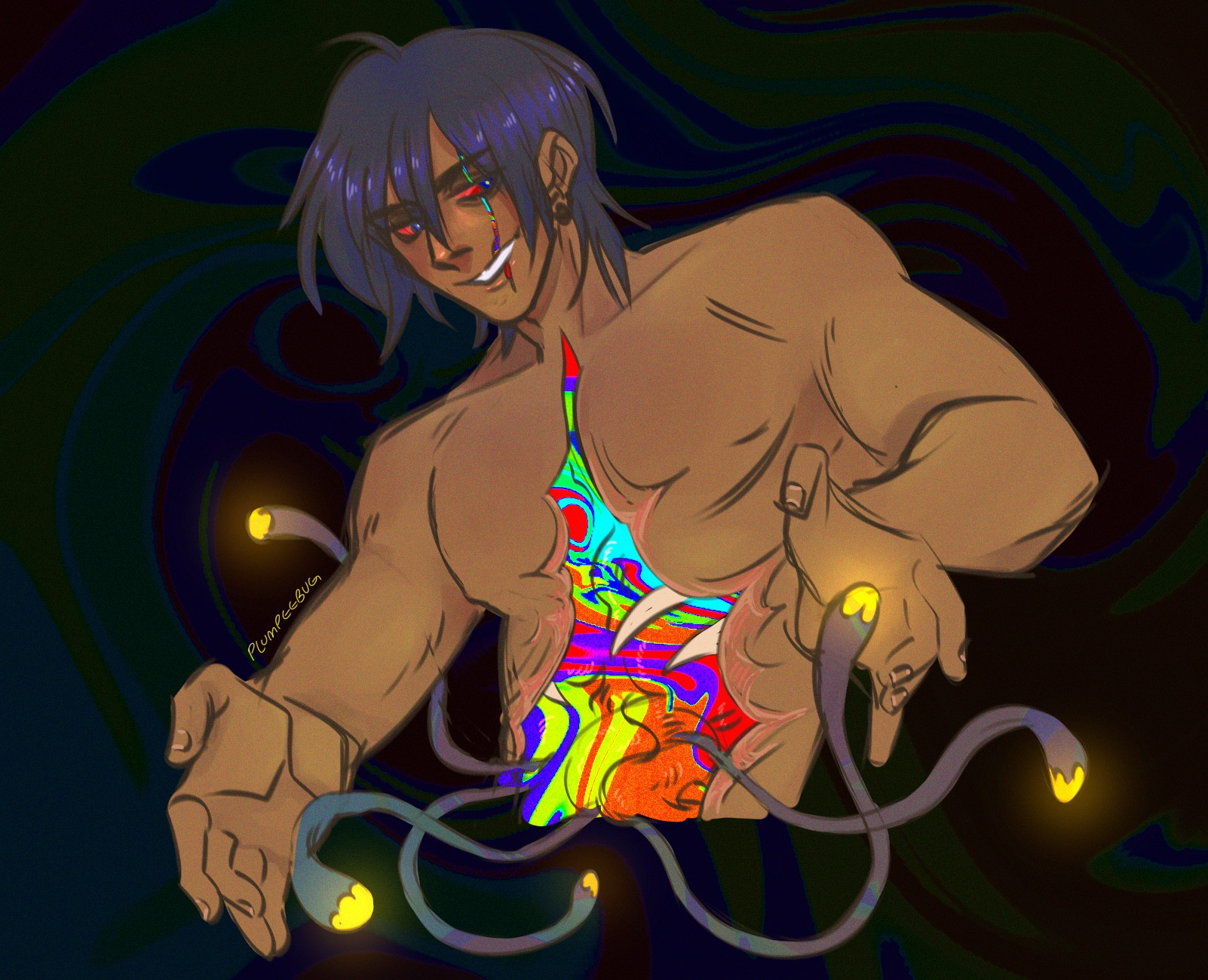 Sketch of a man with swirling insides, and a swirling background