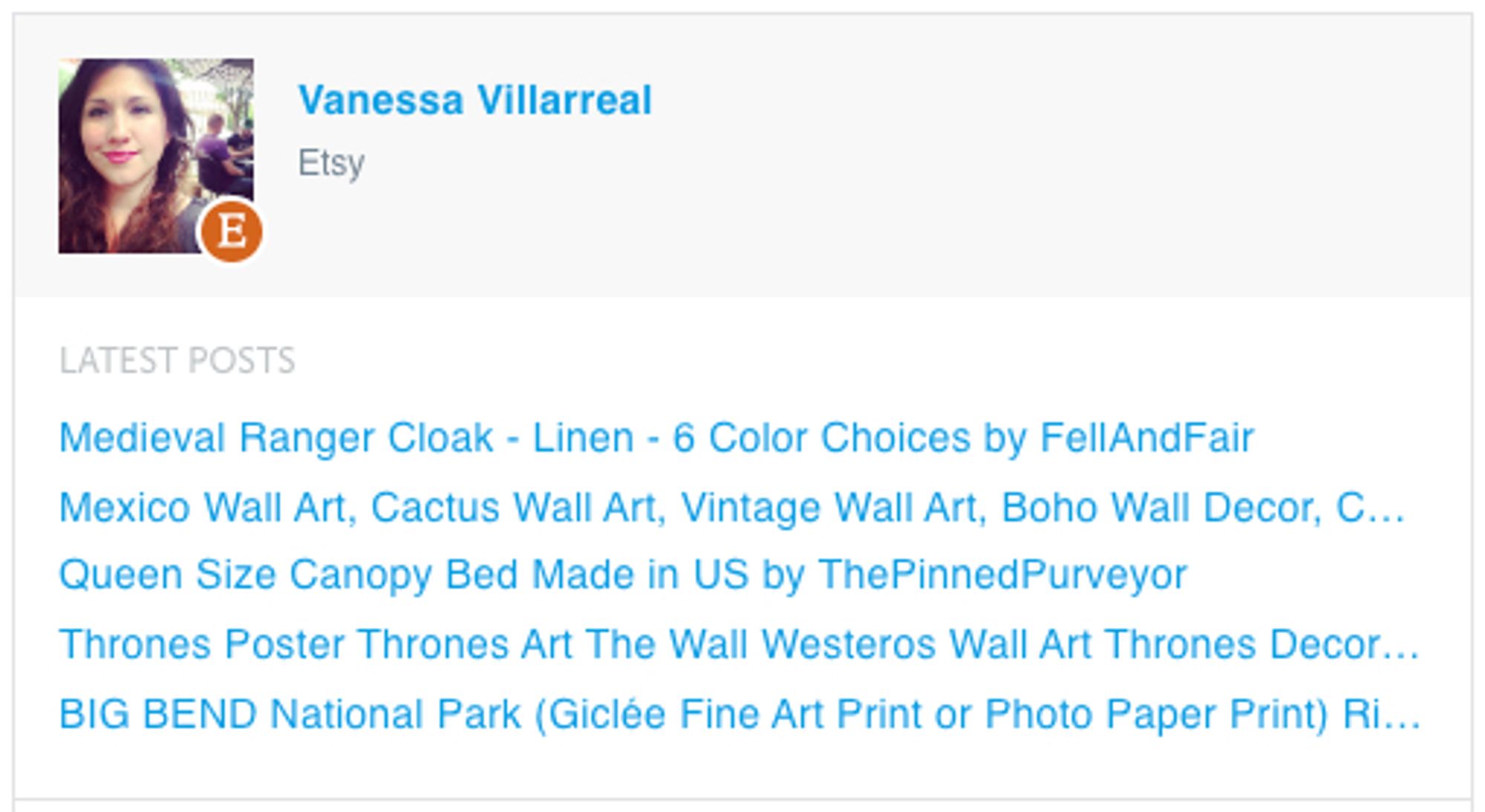 Vanessa Villarreal

Etsy

Medieval Ranger Cloak - Linen - 6 Color Choices by FellAndFair
Mexico Wall Art, Cactus Wall Art, Vintage Wall Art, Boho Wall Decor
Queen Size Canopy Bed Made in US by ThePinnedPurveyor
Thrones Poster Thrones Art The Wall Westeros Wall Art Thrones Decor
BIG BEND National Park (Giclée Fine Art Print or Photo Paper Print)