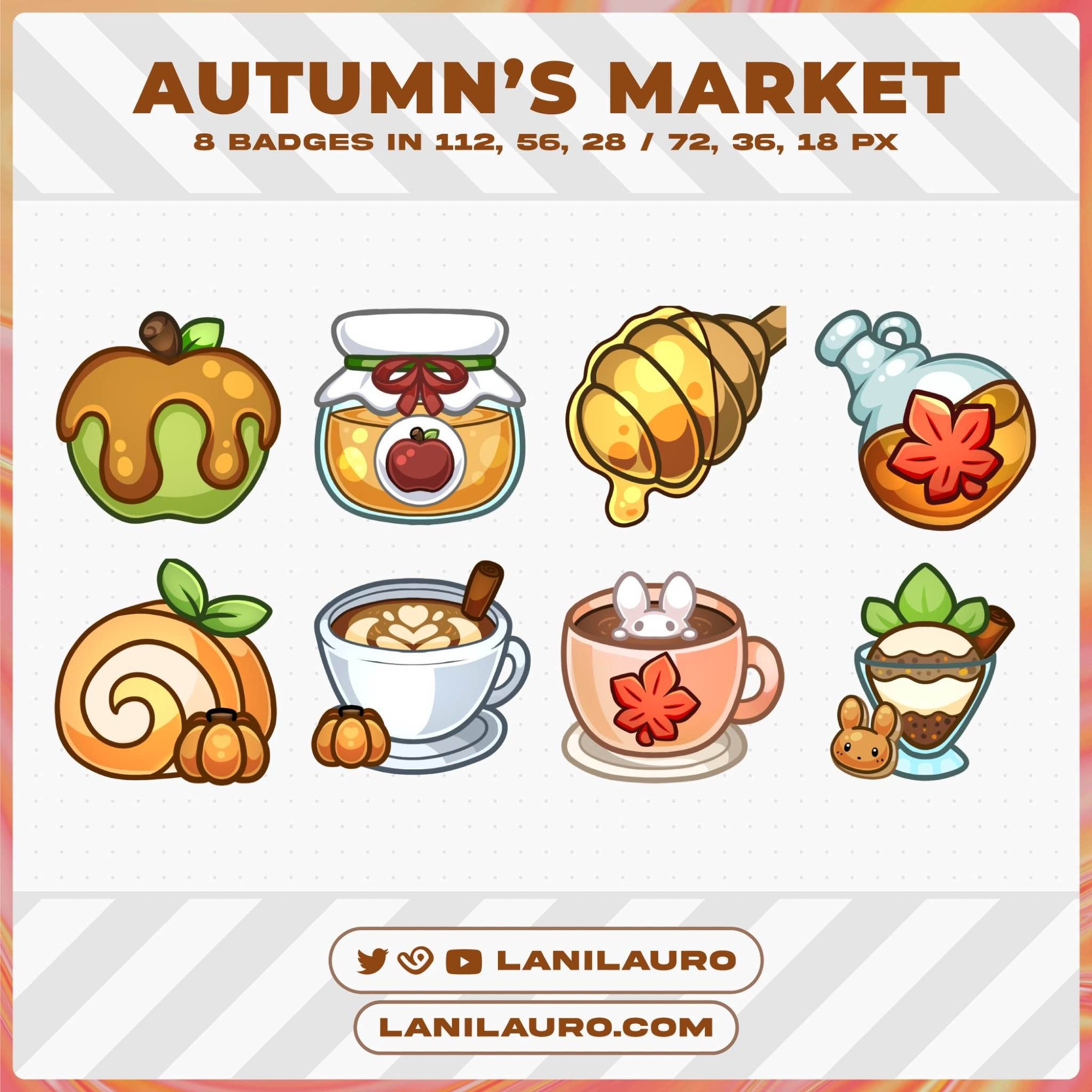 A set of 8 autumnal themed badges following a market theme. Features a caramel apple, apple butter jar, honey ladle, maple syrup, pumpkin roll cake, cinnamon latte, bunny marshmellow hot cocoa, and a carrot-shaped carrot cake.