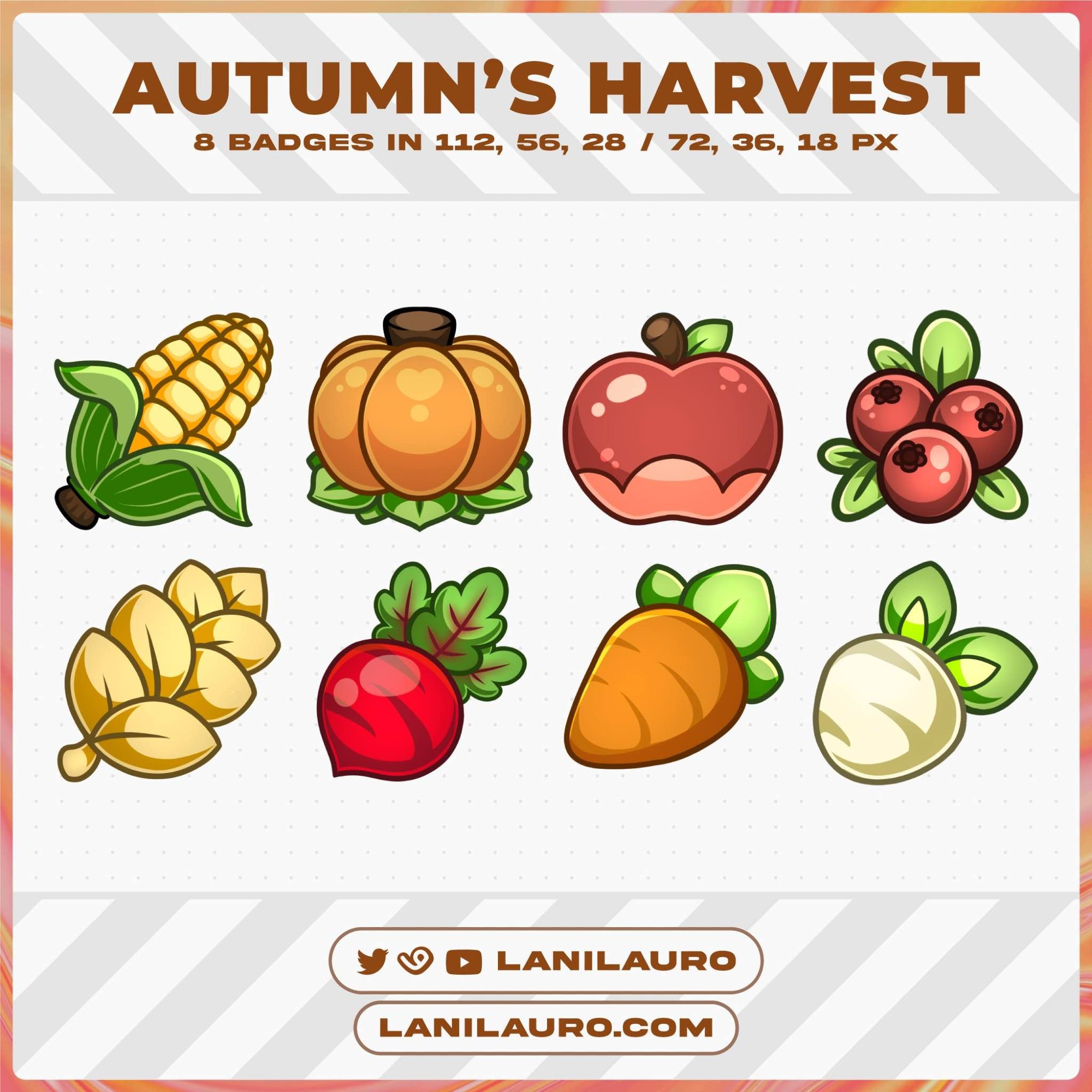 A set of 8 autumnal themed badges following a harvest theme. Features a corn, pumpkin, apple, cranberries, grain, beet, carrot and turnip.