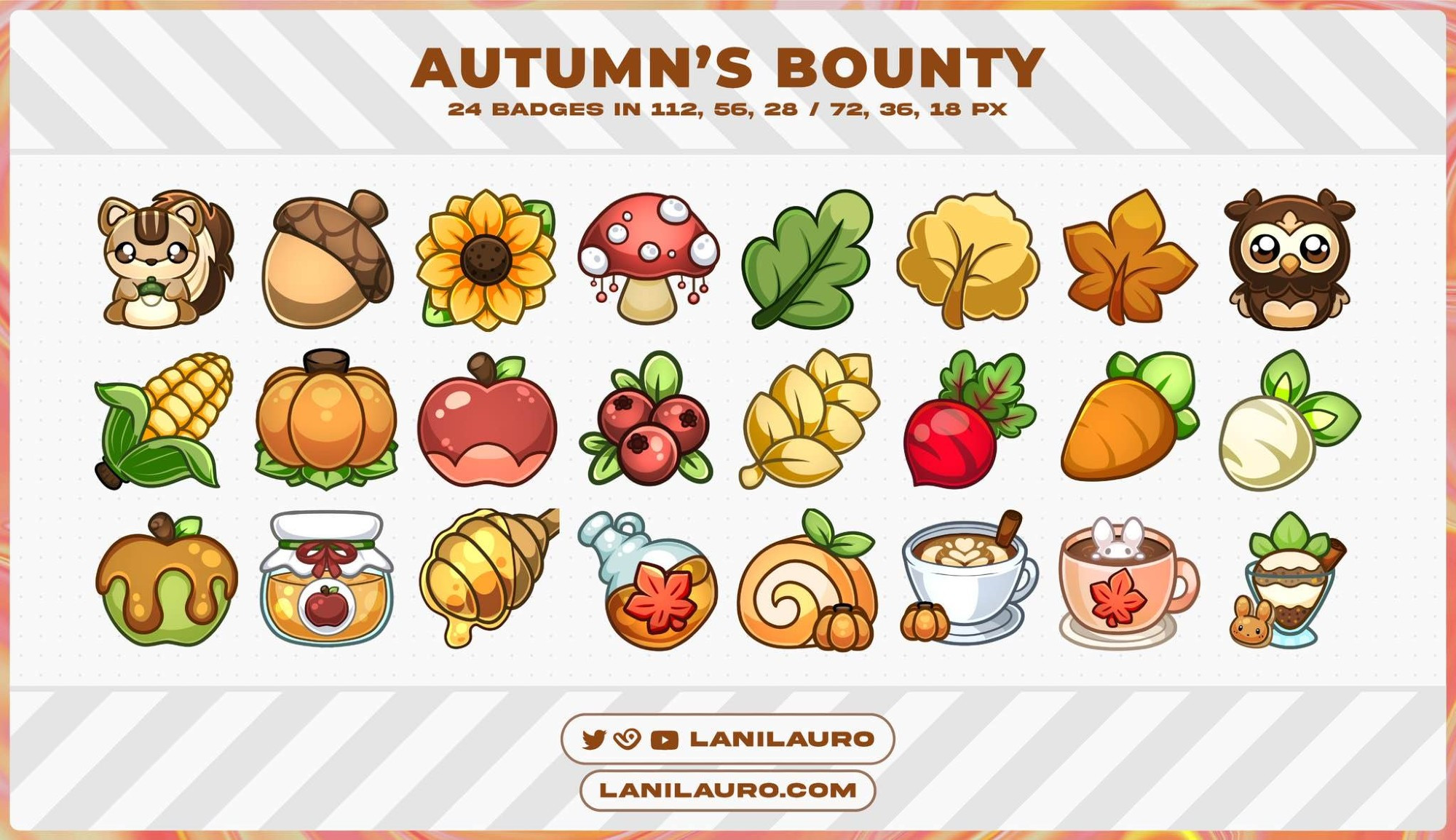 A set of 25 Autumn-Themed Sub Badges that features Forest, Harvest, and Artisinal Market themed icons such as animals, leaves, fruits, vegetables, desserts, spreads, and drinks.