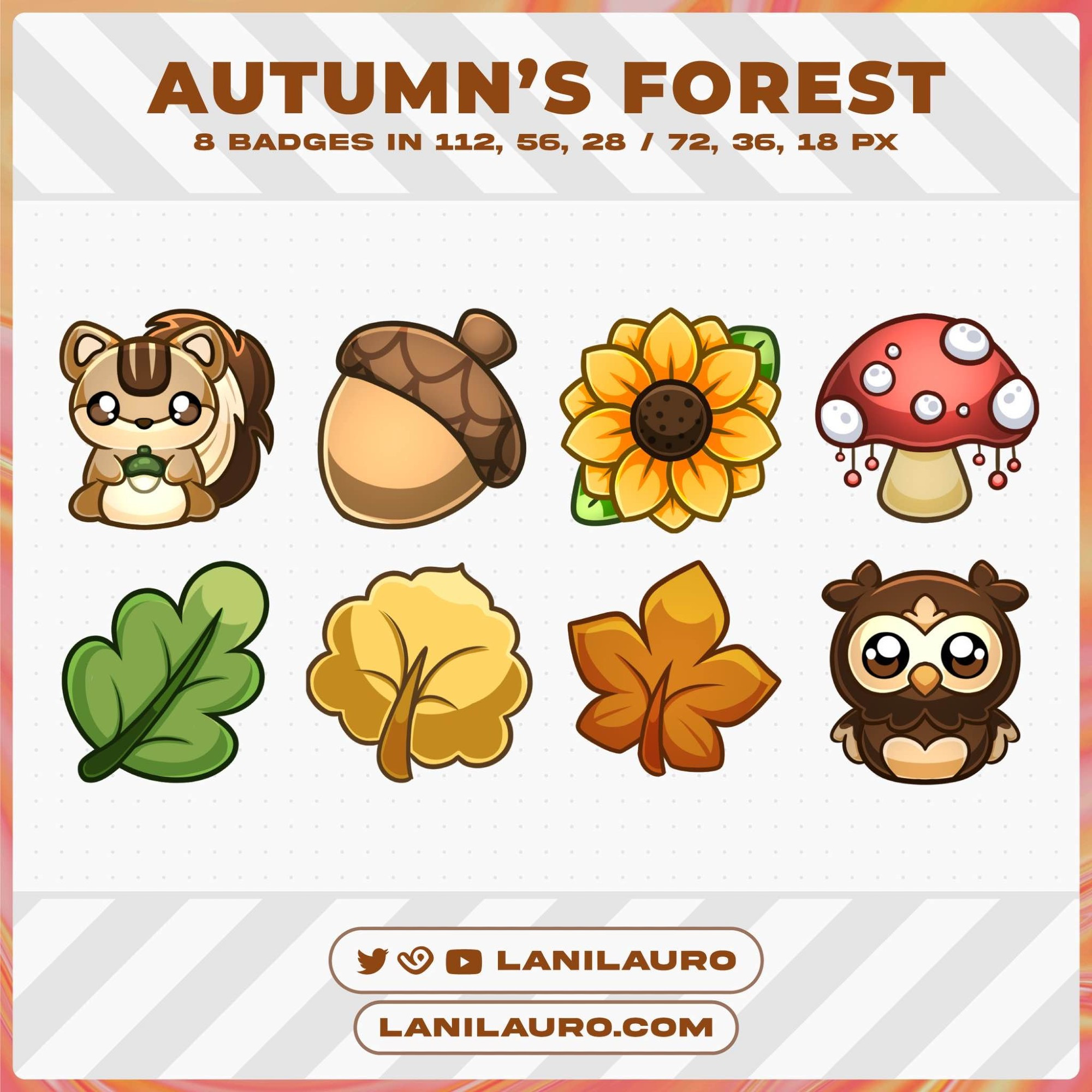 A set of 8 autumnal themed badges following a forest theme. Features a squirrel, acorn, sunflower, mushroom, 3 different leaves, and an owl.