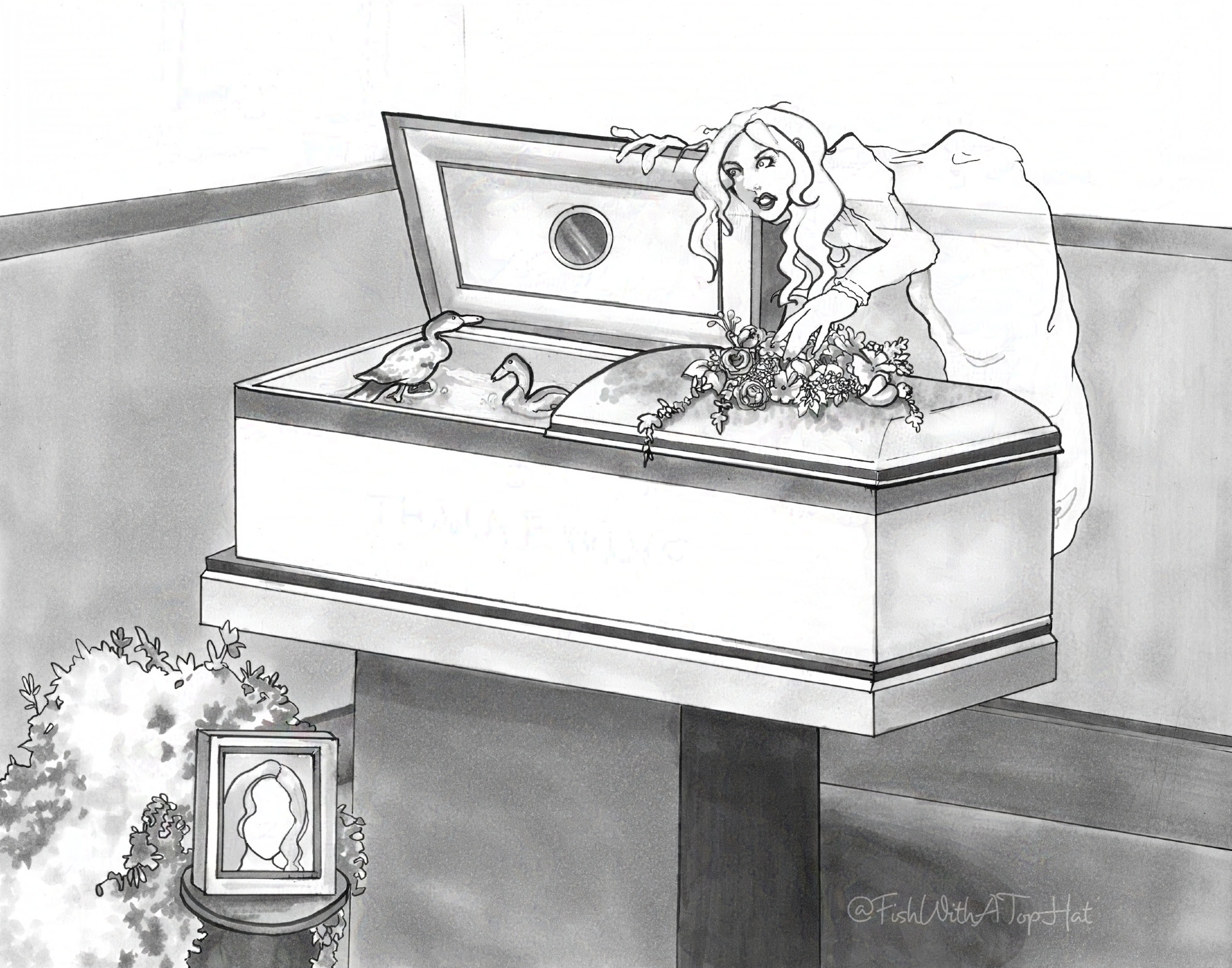 A black-and-white ink illustration of a casket open for viewing. A ghost leans over the far side of the casket with a shocked expression, looking in at... a pair of ducks swimming around inside. The one on the left is hopping up on the forehead of the submerged occupant. In the foreground is a non-detailed photo of the person supposedly in the casket; it's a woman that looks similar to the ghost.

The artist is @FishWithATopHat.