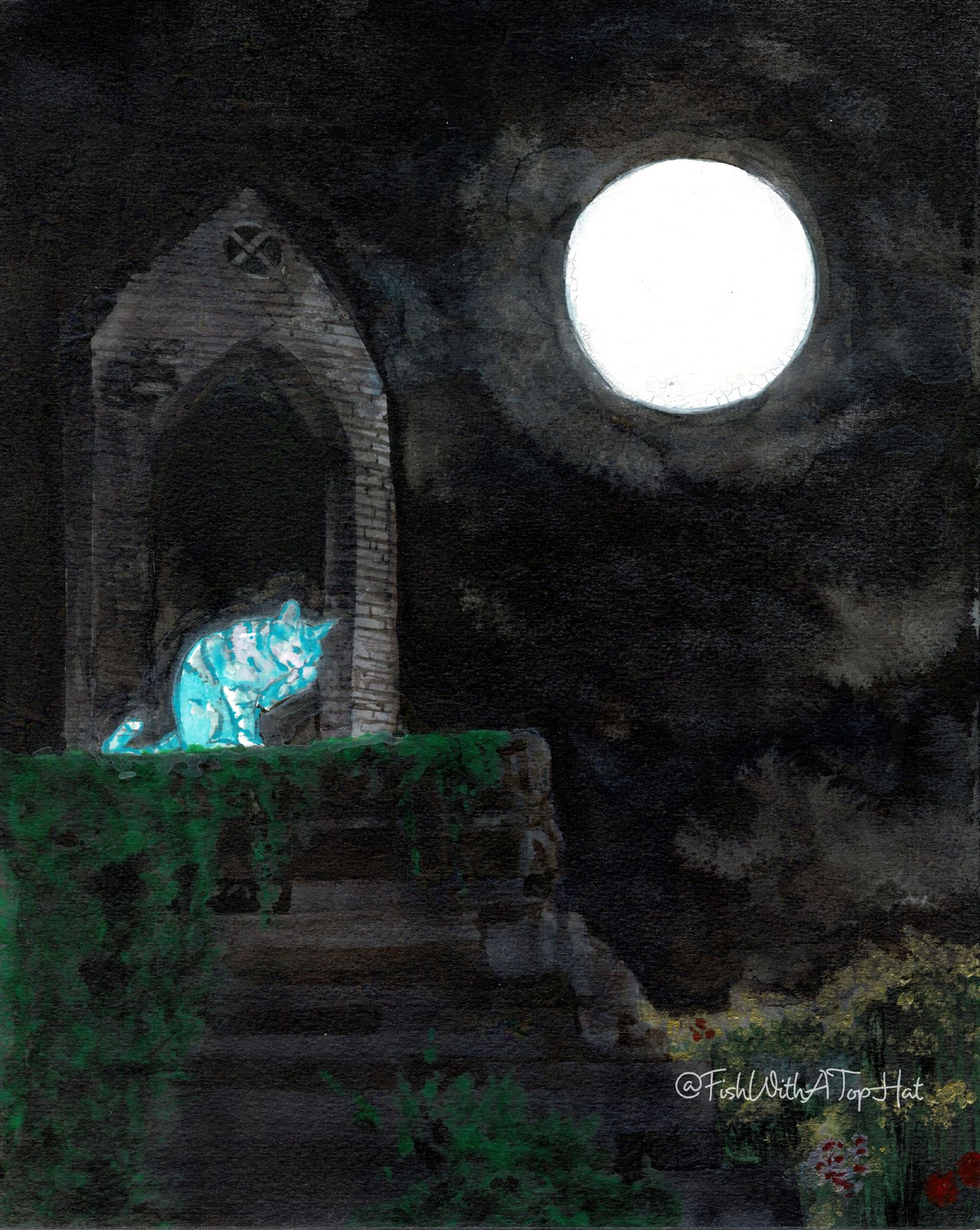 A bluish ghost kitty licking its paw on a crumbling garden wall at night. There's a full moon shining down over the field of flowers and a stone archway in the background. The artist is @FishWithATopHat.