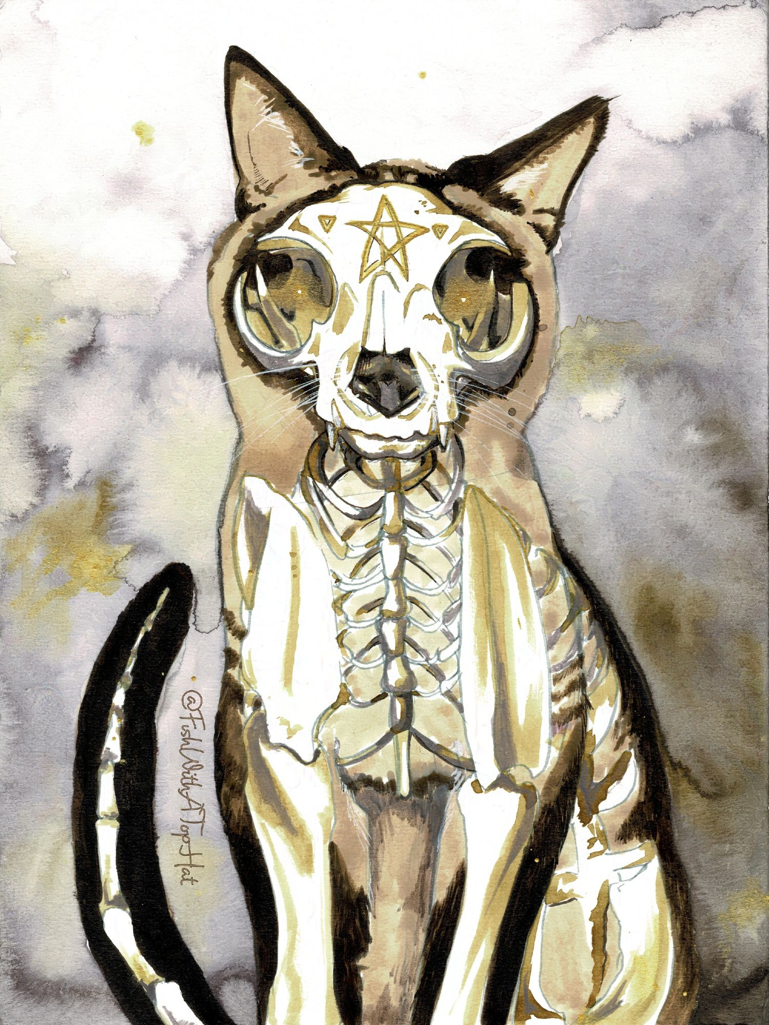 An ink illustration of a cat-shaped creature. The outline of the fur and some details are visible, but the the cat's skeleton is visible through its skin. On the skull, a pentagram and two upside-down triangles are inscribed between the cat's eye sockets. The eye sockets themselves contain glowing gold energy like eyes. The background is a cloudy mix of grey and gold.

The artist is @FishWithATopHat.