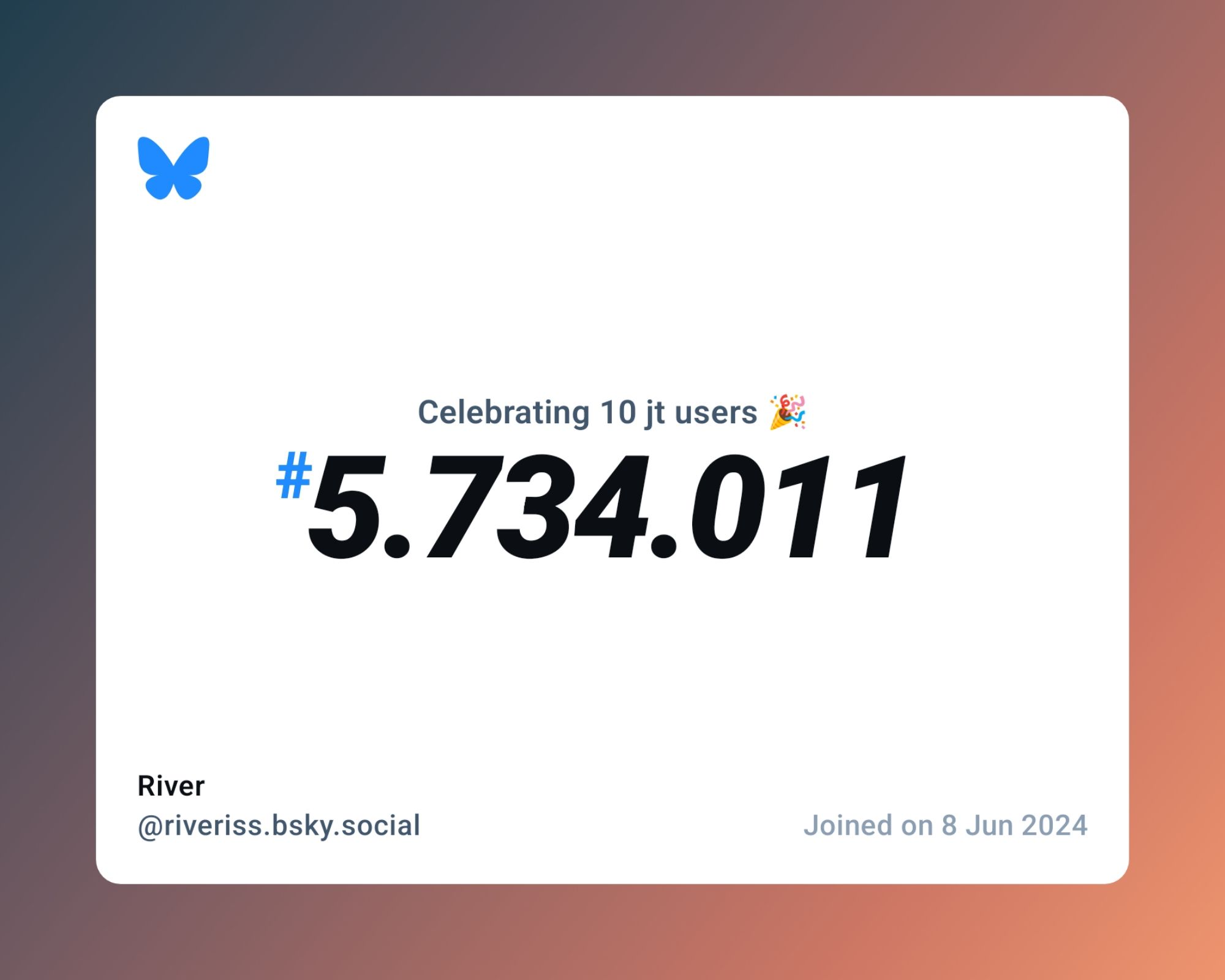 A virtual certificate with text "Celebrating 10M users on Bluesky, #5.734.011, River ‪@riveriss.bsky.social‬, joined on 8 Jun 2024"