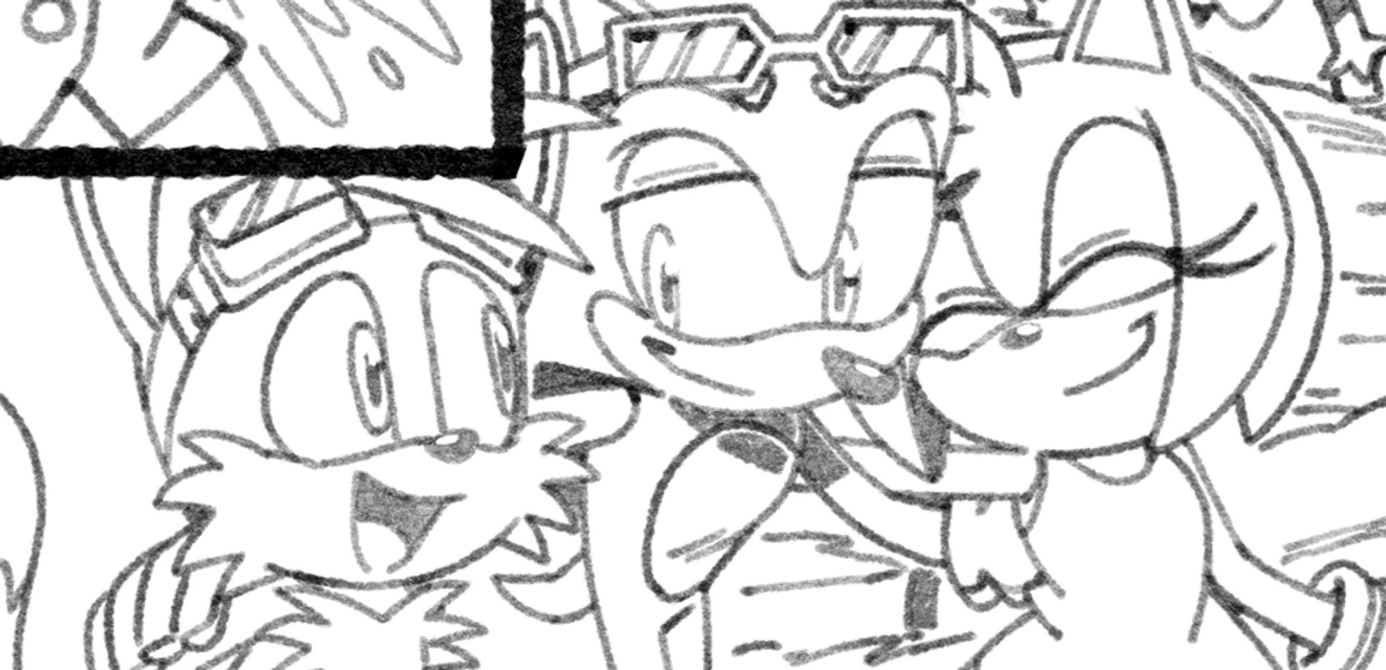 a pencil sketch of Sonic, Tails, and Amy walking together and smiling.