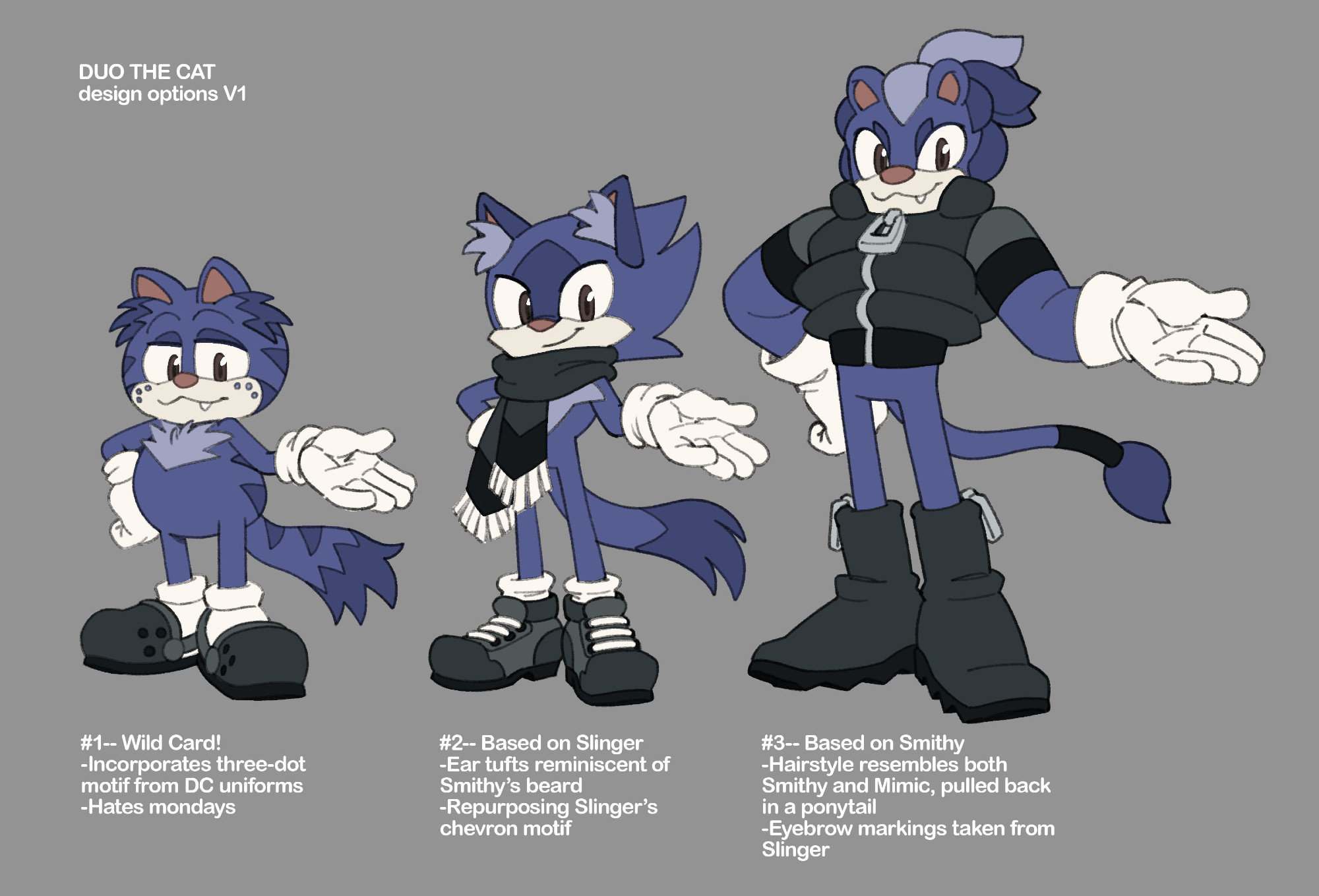 Concept sketch of three anthropomorphic cats of varying heights, labeled "DUO THE CAT design options v1). The shortest bears a striking resemblance to Garfield.