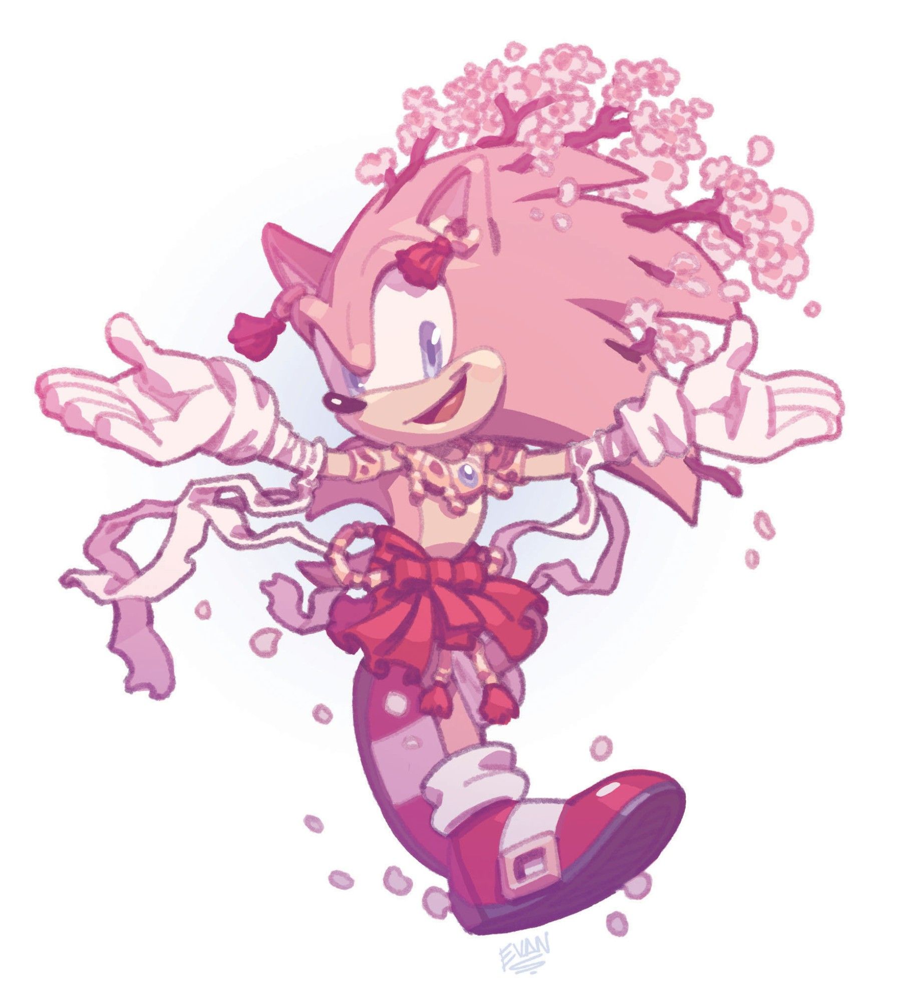 a colored sketched of Sonic the Hedgehog with a cherry blossom theme; his fur is pink, and blooming cherry branches have been stuck into his quills to form a headress