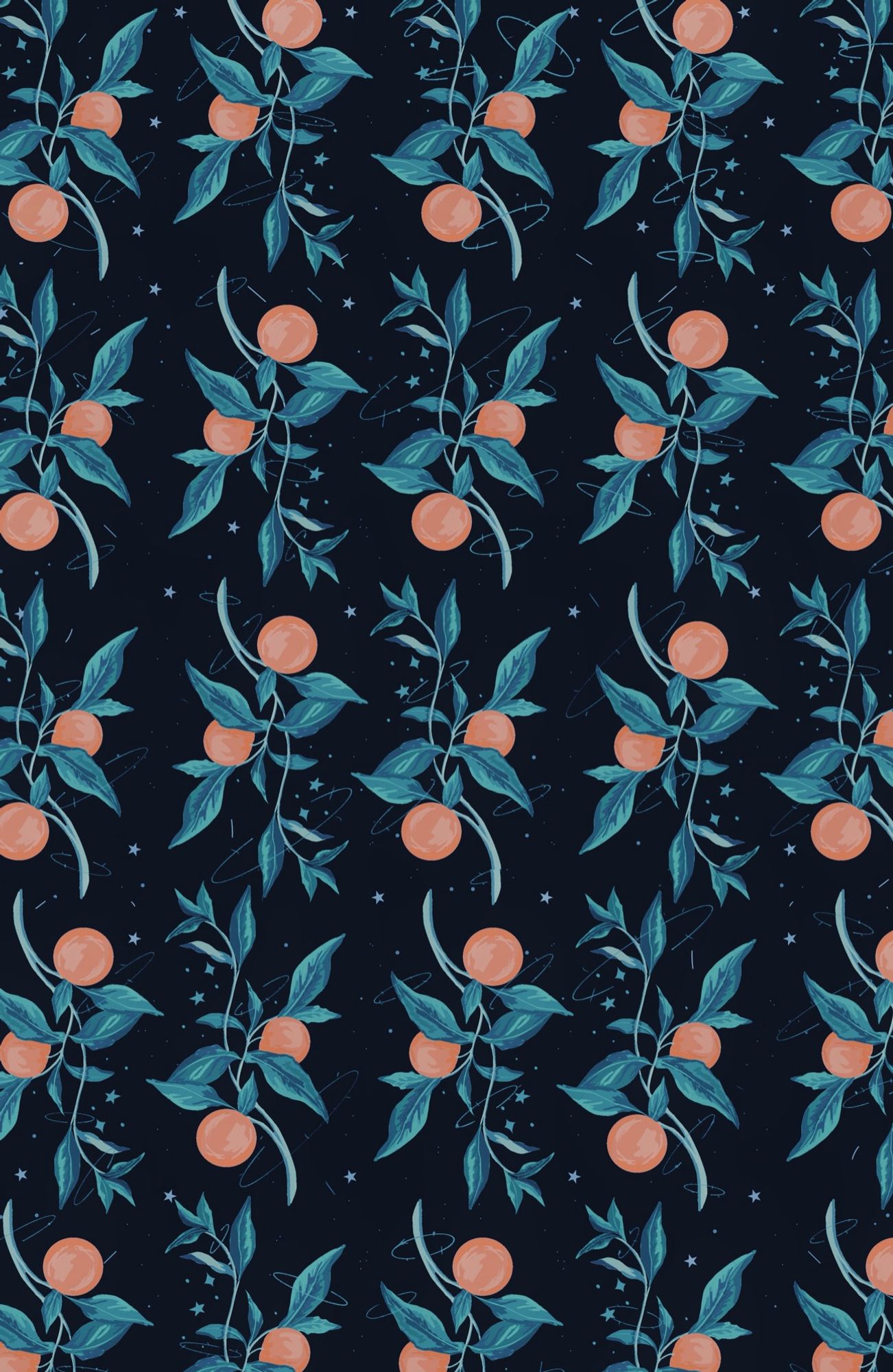 Repeat pattern of mystical orange branches in winter colour-way. Orange branches alternate directions each in an S curve with blue green leaves and two large oranges in a painterly style with small light blue celestial orbits and stars winding around them on a dark blue black background.