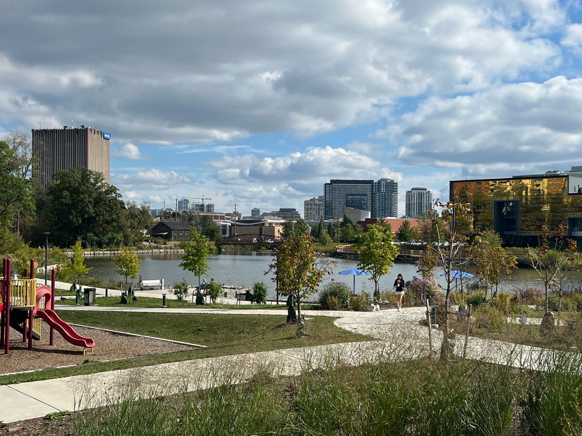 Waterloo Park waterfront, with playground, sloping paths, newly planted trees, flowers & bushes. Beyond is Silver Lake, then uptown Waterloo and downtown Kitchener construction, on right is the Perimeter Institute’s yellow reflective glass