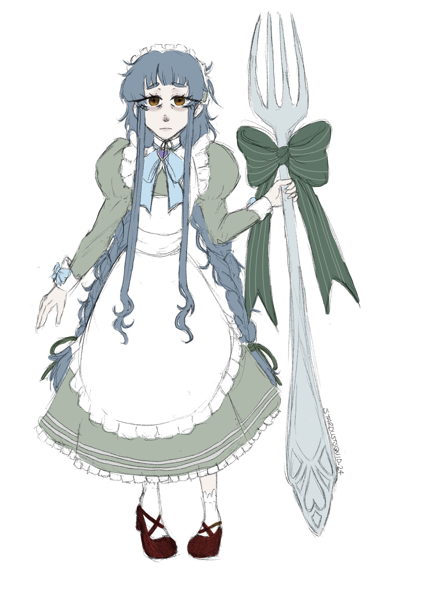 Clarissa is a pale and tired looking maid with long messy muted blue hair in braids and amber eyes with dark circles under them.
She wears a pale muted green maid dress with light blue bows and a white frilly apron with a matching headband.
She wears burgundy mary-jane shoes with white frilly socks.
In her left hand she carries a giant fancy pastry fork with a big green striped ribbon tied around the base of the handle.
Her fork is used as a weapon.