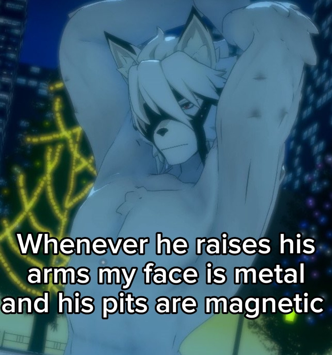 Von Lycaon raising his arms up exposing his pits with the caption "Whenever he raises his
arms my face is metal
and his pits are magnetic"

#Furry #VonLycaon #ZZZ #NSFW