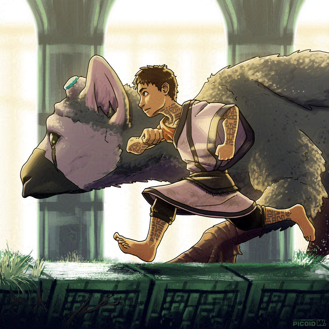 Fanart of The Last Guardian, with the boy running alongside Trico