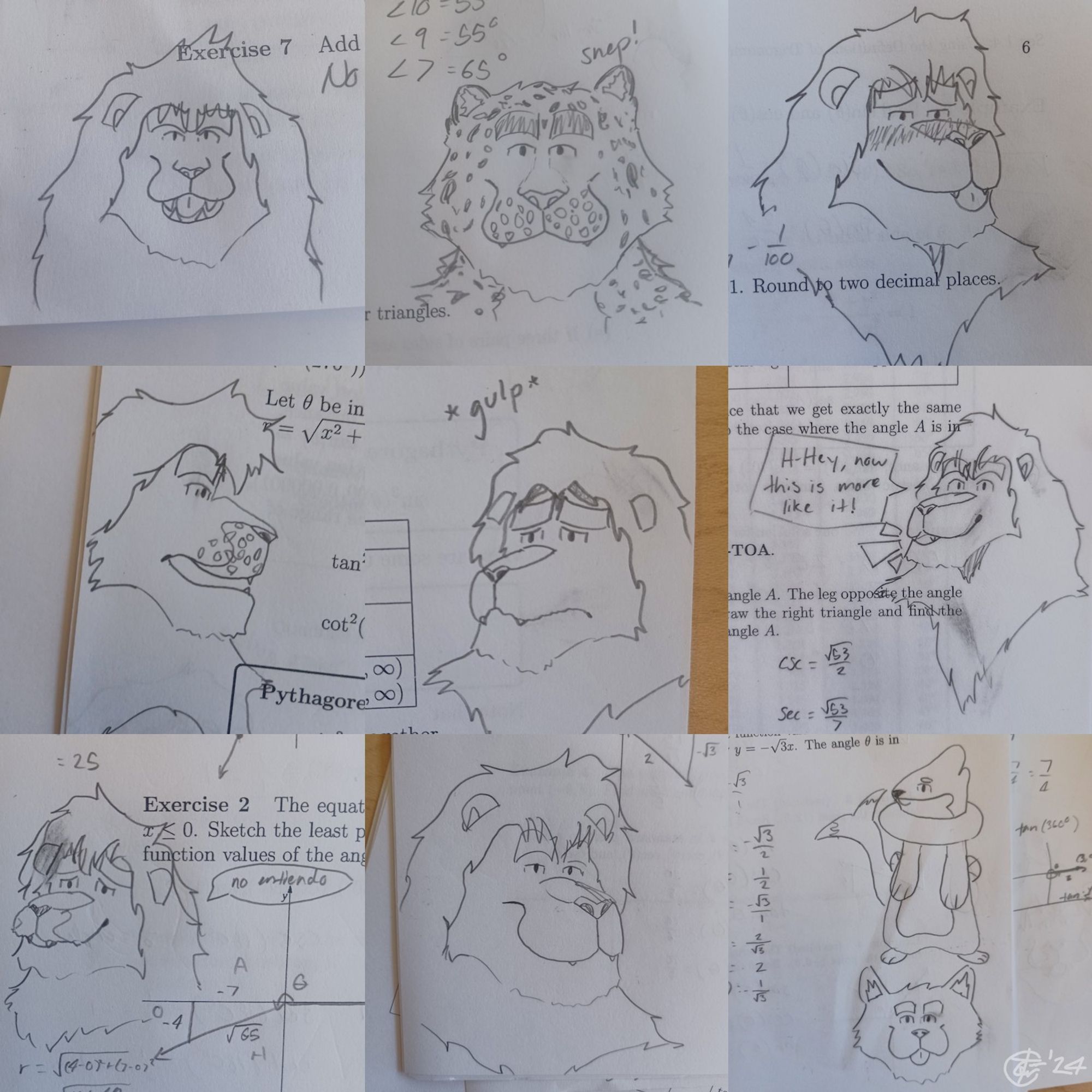 A collage of doodles from a note packet, featuring furry lions, a snow leopard, a wolf, and a Buizel.