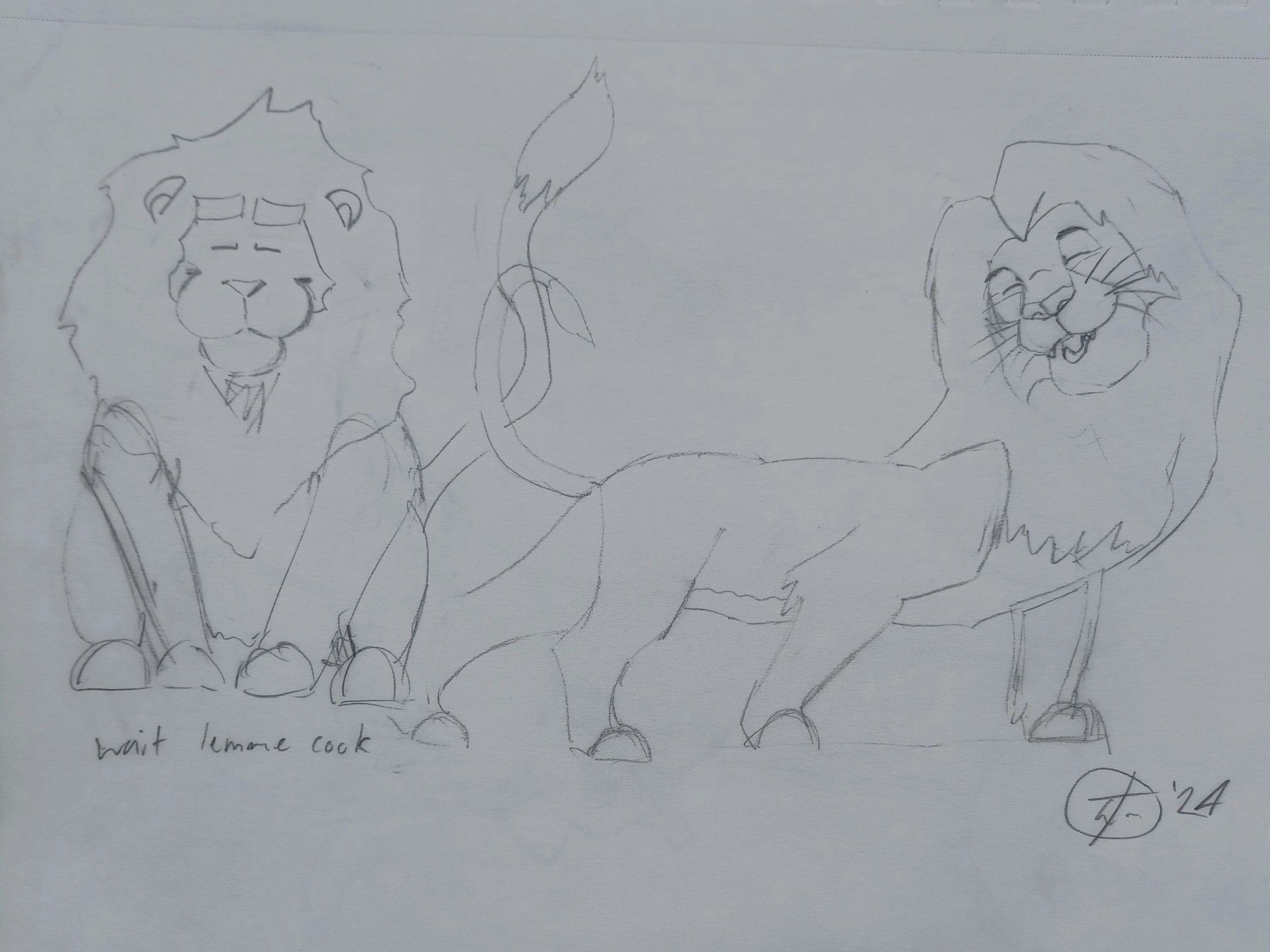 doodles of a happy sitting lion and Simba from "the Lion King"