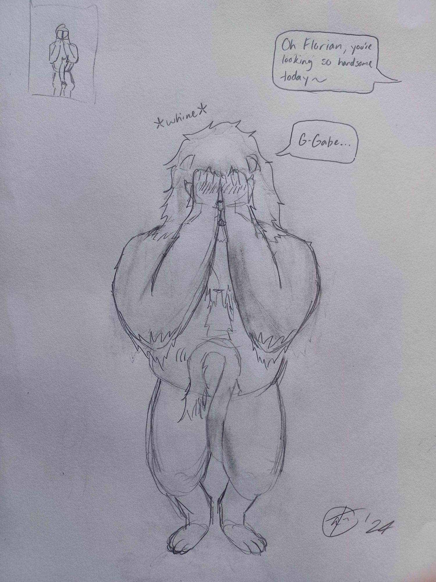 Sketch of my furry lion oc Florian being flustered and covering his face after receiving some compliments from his boyfriend.