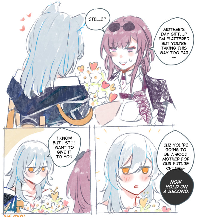 Honkai Starrail's Kafka and Stelle. Stelle brings Kafka a bucket of flowers which Kafka responses with "Stelle? Mother's Day gift? I'm flattered but you're taking this way too far.". Stelle replies "I know but I still want to give it to you," she continues, "Cuz you're' going to be a good mother for your future children."

Which Kafka replies, "Now hold on a second."