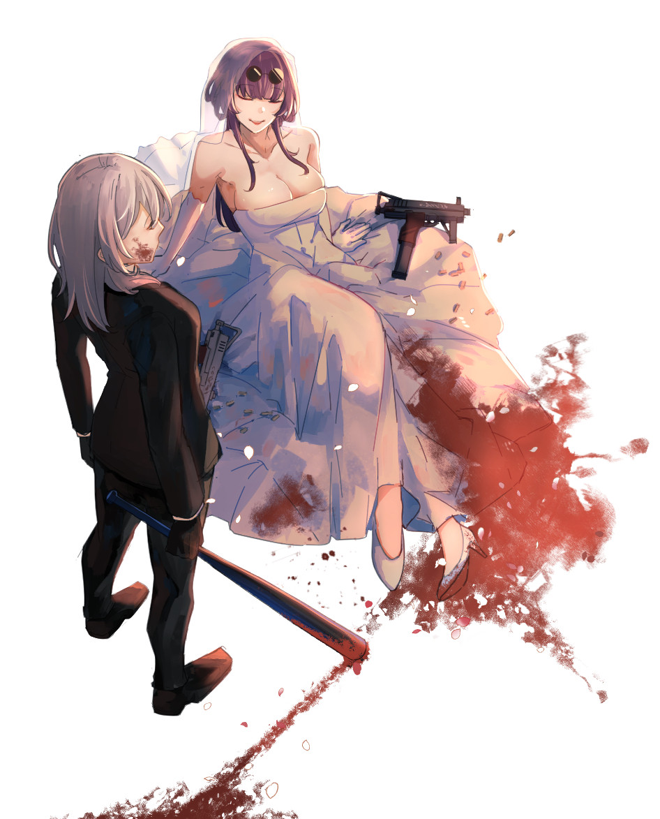 An illustration of Honkai Starrail's Stelle and Kafka dresses as a groom and a bride. Stelle carries a bloody bat and Kafka sits down with trails of blood on her dress. Two pairs of uzi are on either side of her. 