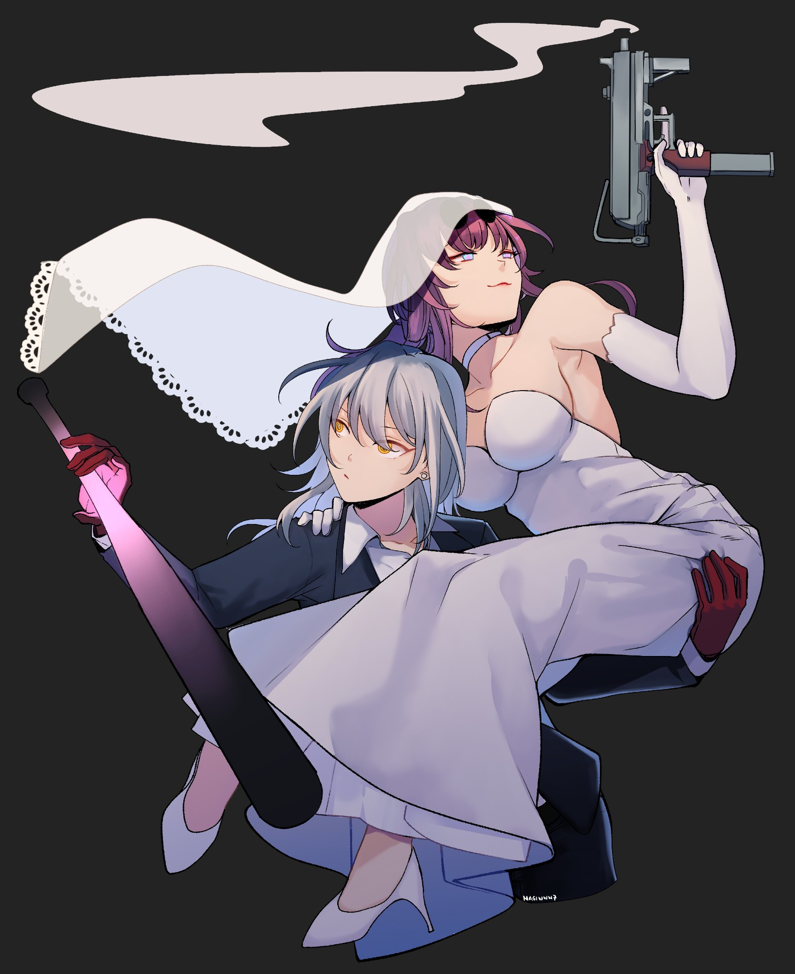 An illustration of Honkai Starrail's Stelle and Kafka dresses as a groom and a bride. Kafka is carried by Stelle on her arm while pointing up her gun. Stelle's other hand is holding a bat.